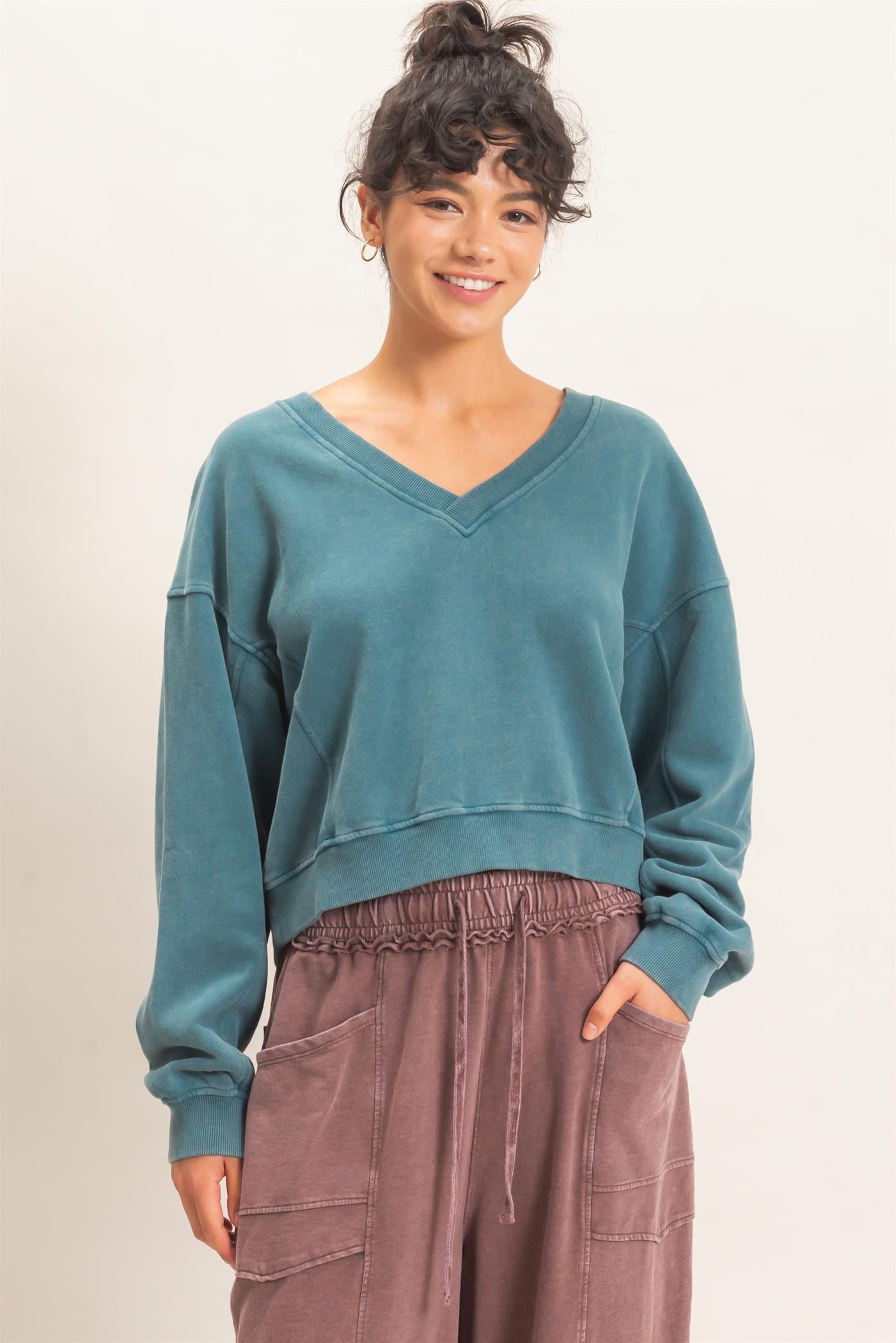 Wholesale Snow Wash V-Neck Sweatshirt Sweatshirts DZ26C844 DARK TEAL DOUBLE ZERO