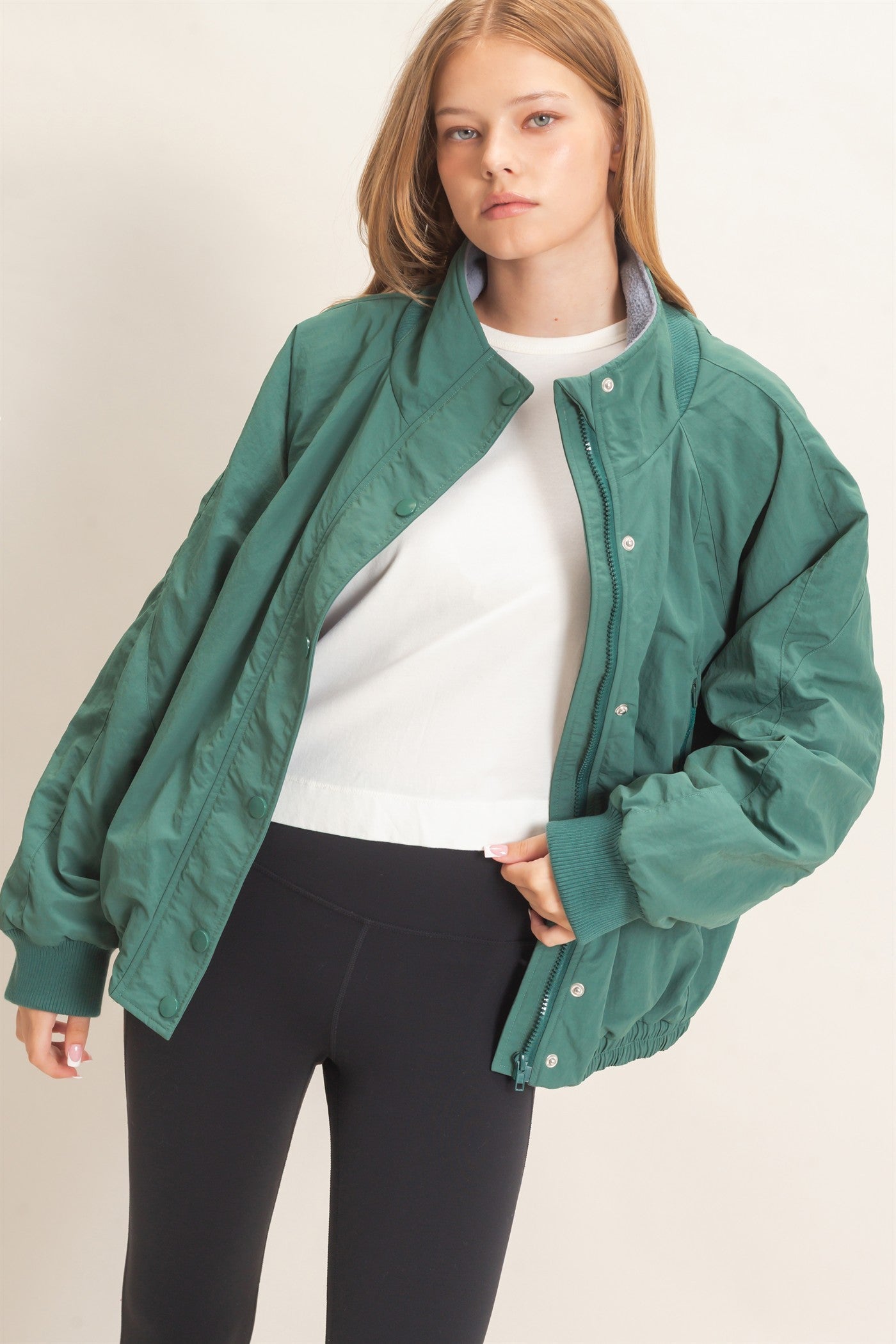 Wholesale Fleece-Lined Mock Neck Snap Jacket Coats & Jackets HF26C918 GREEN HYFVE