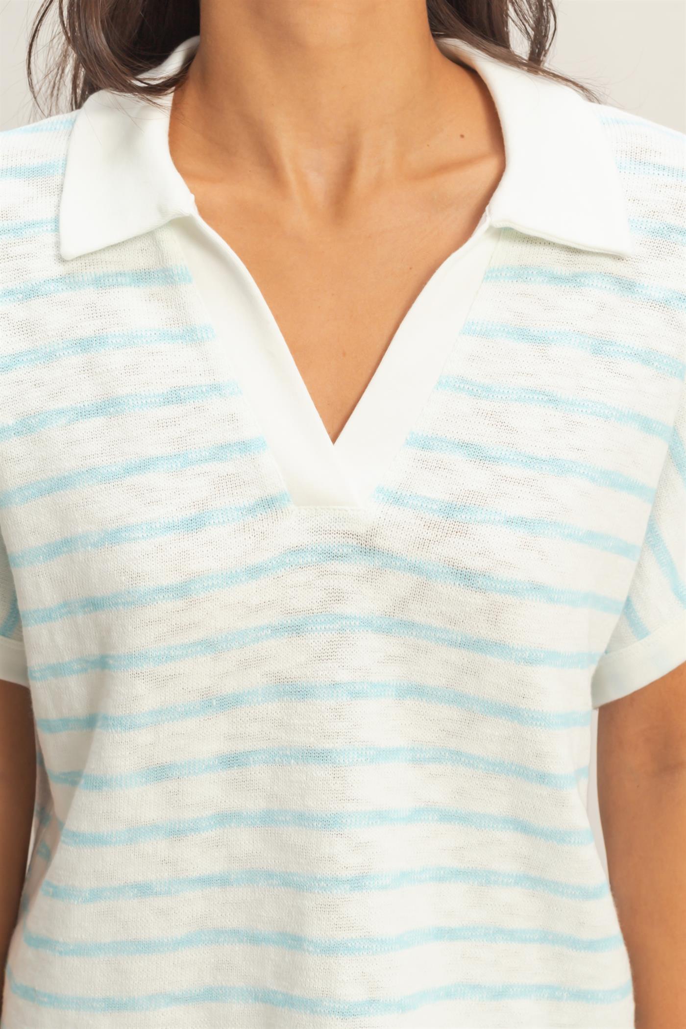 Wholesale Striped Dolman Sleeve V-Neck Collared Top Clothing Tops DZ26A452 BLUE DOUBLE ZERO