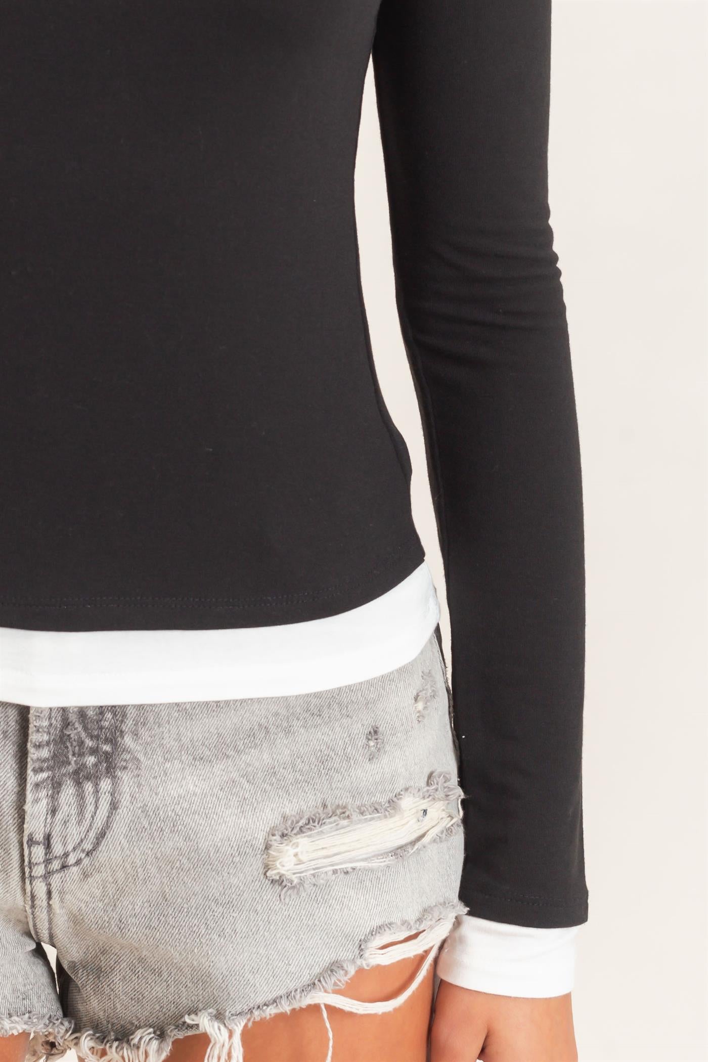 Wholesale Layered Effect Long Sleeve Top Clothing Tops DZ26F341 BLACK DOUBLE ZERO