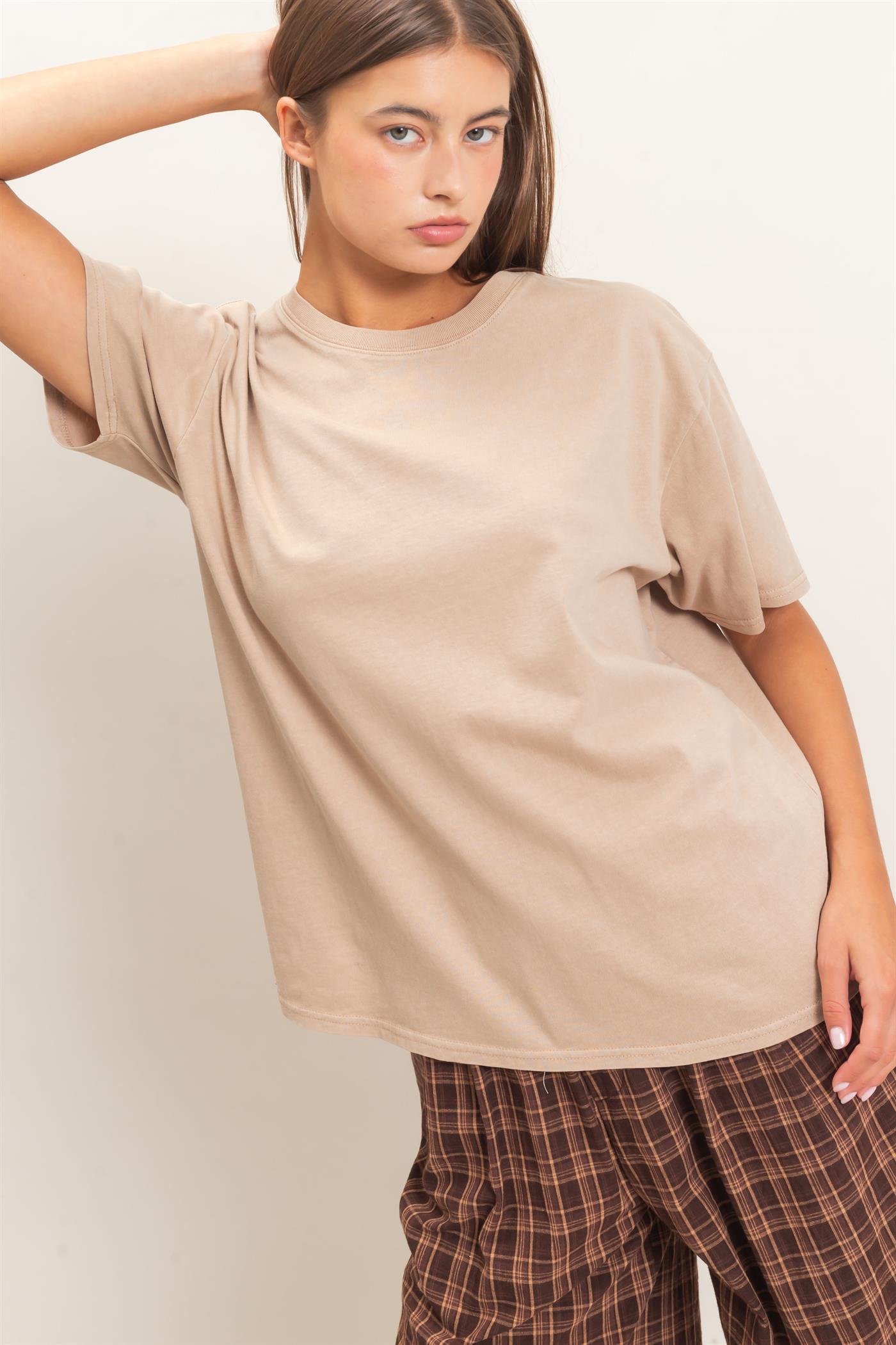 Wholesale Crew Neck Pigment Dye T-Shirt Clothing Tops DZ26E448 TAUPE DOUBLE ZERO