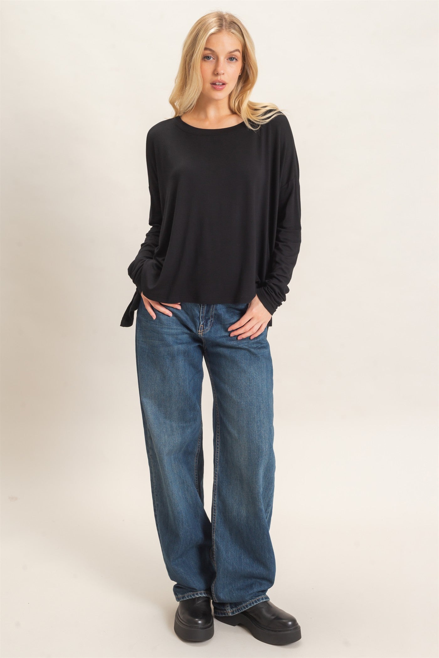 Wholesale Boat Neck Boxy Top Clothing Tops HF26F298 BLACK HYFVE