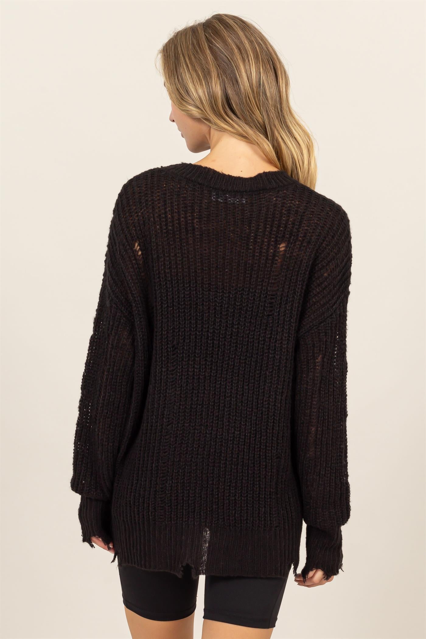 Wholesale Distressed Knit Sweater Sweaters DZ23F192 BLACK DOUBLE ZERO