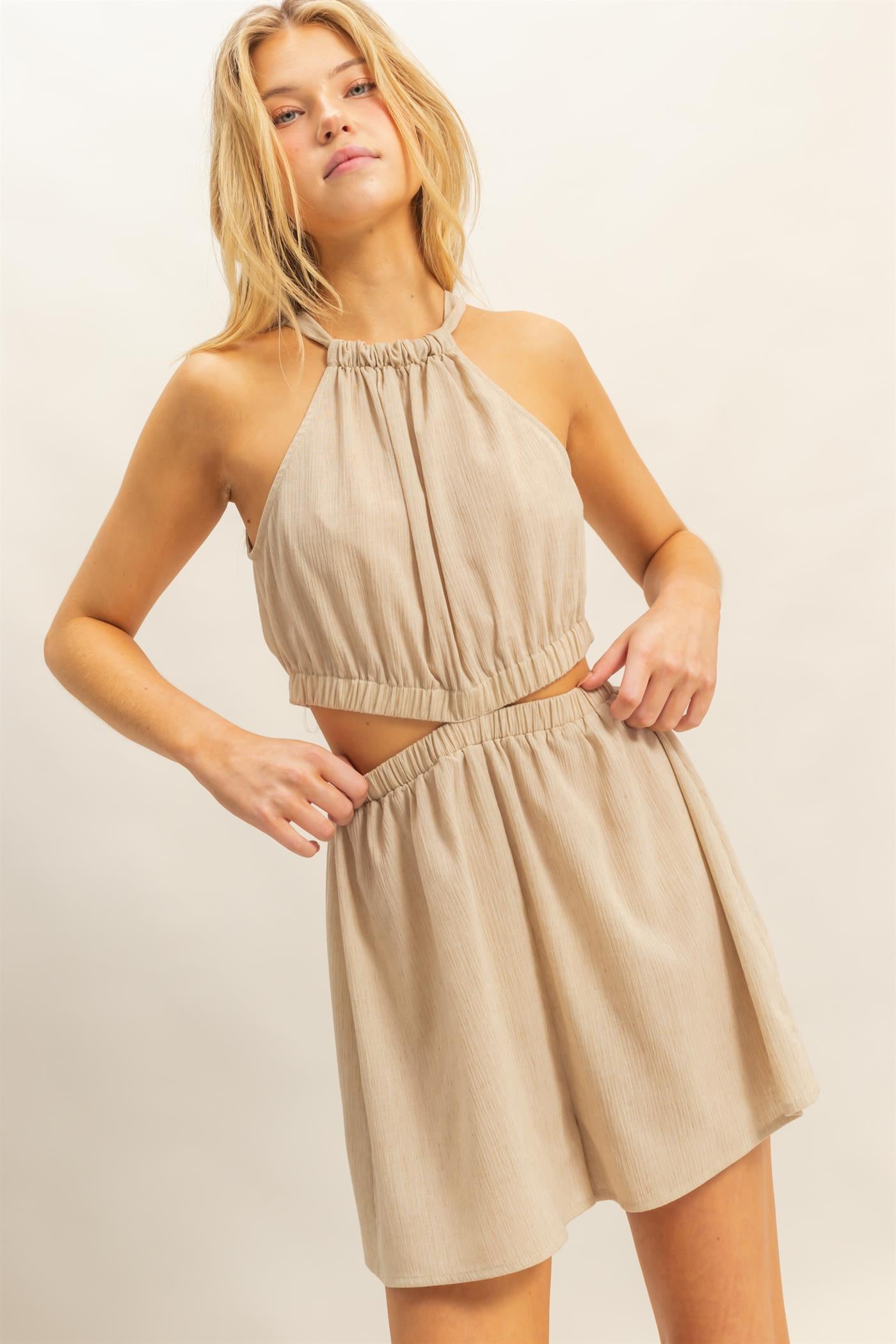 Wholesale Halter Neck Side Cutout Relaxed Fit Romper Clothing HF25A221 OATMEAL HYFVE