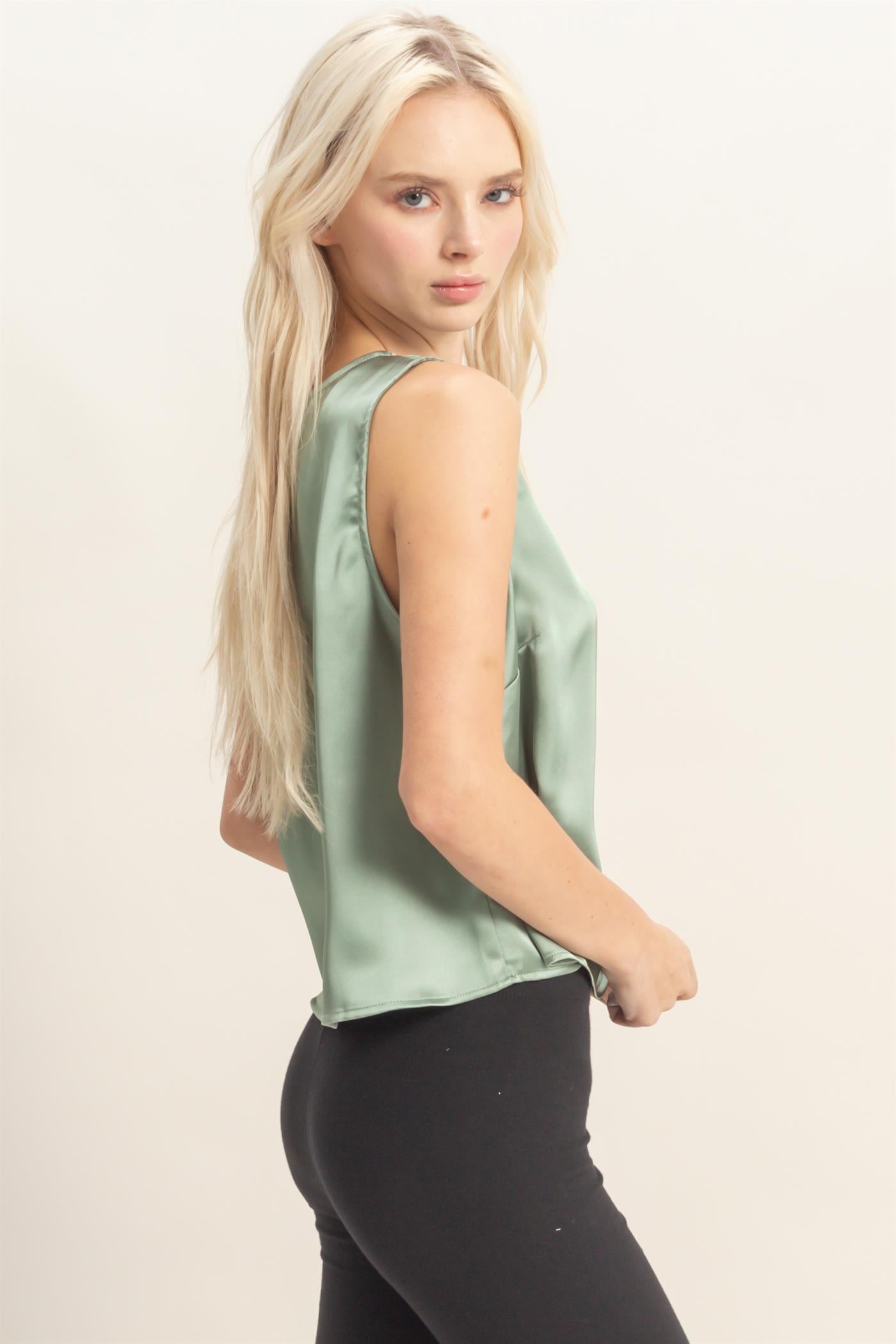 Wholesale Satin Sleeveless Round Neck Top With Back Keyhole Clothing Tops DZ26C084 SAGE GREEN DOUBLE ZERO