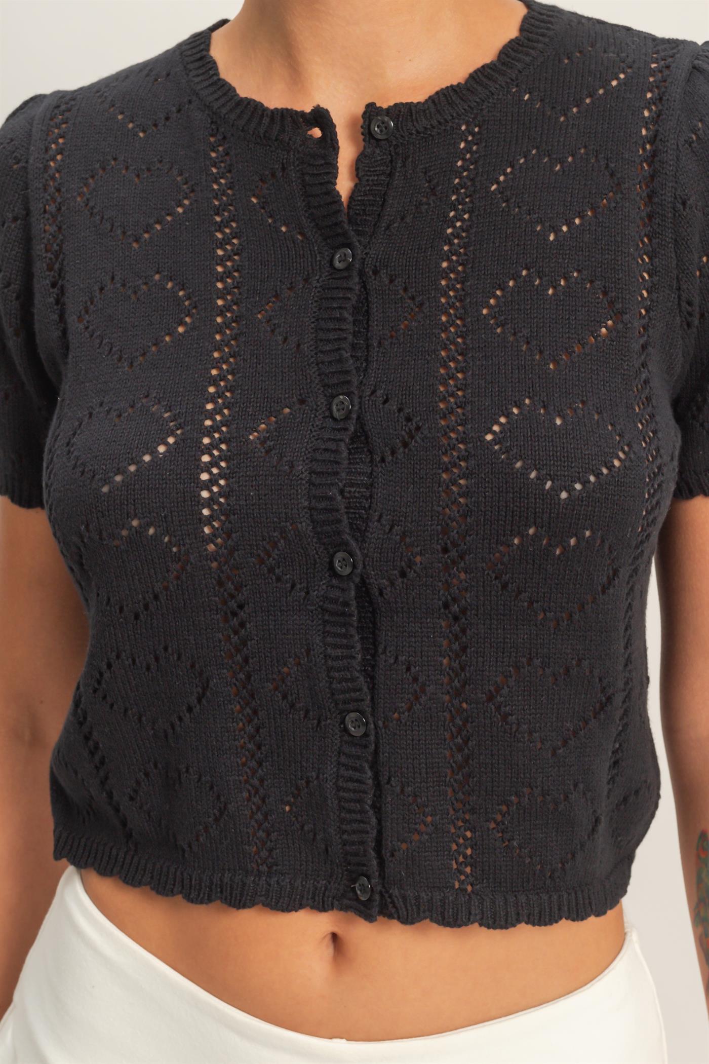Wholesale Pointelle Knit Puff Sleeve Button Up Cardigan Cardigans DZ26A425 BLACK HYFVE