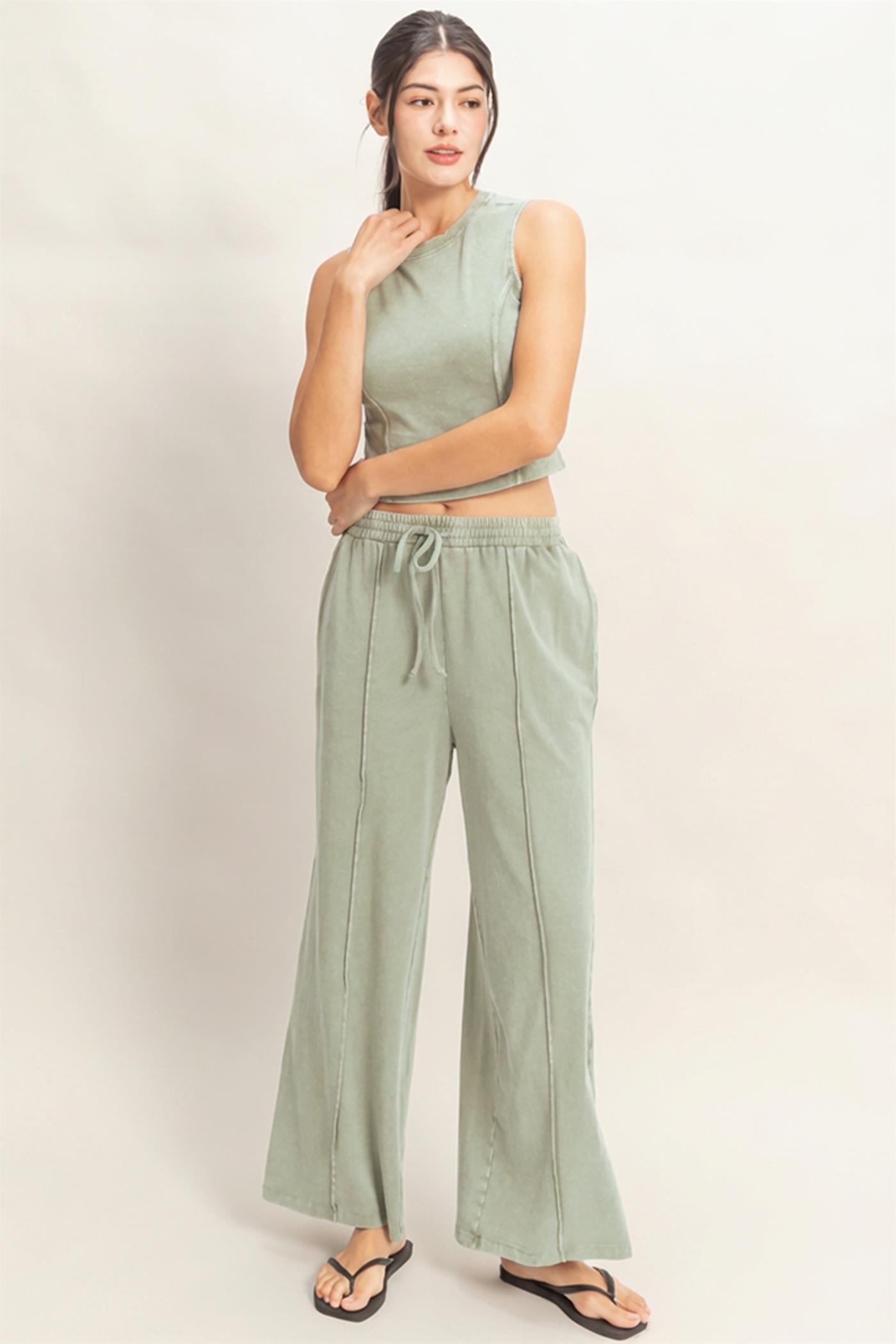 Wholesale Mineral Washed Sleeveless Top & Wide Leg Pants Set Clothing DZ26A371-SET SAGE GREEN DOUBLE ZERO