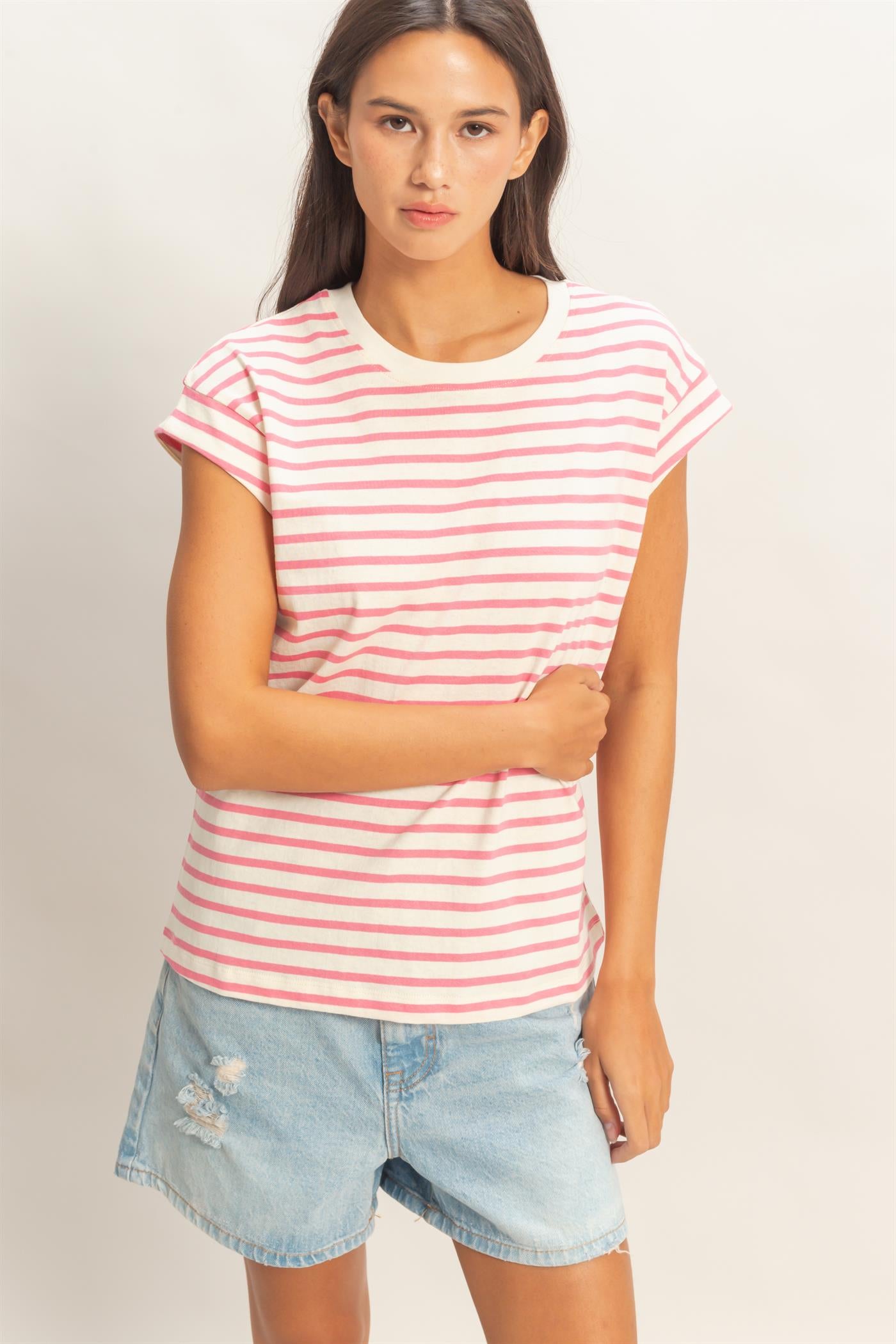 Wholesale Striped Cap Sleeve Relaxed Everyday Tee Clothing Tops DZ26C059 PINK DOUBLE ZERO