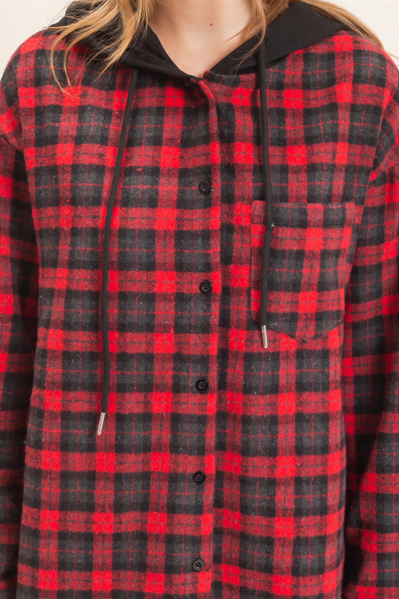 Wholesale Hooded Plaid Button-Up Shirt Shirts HF26F018 RED HYFVE
