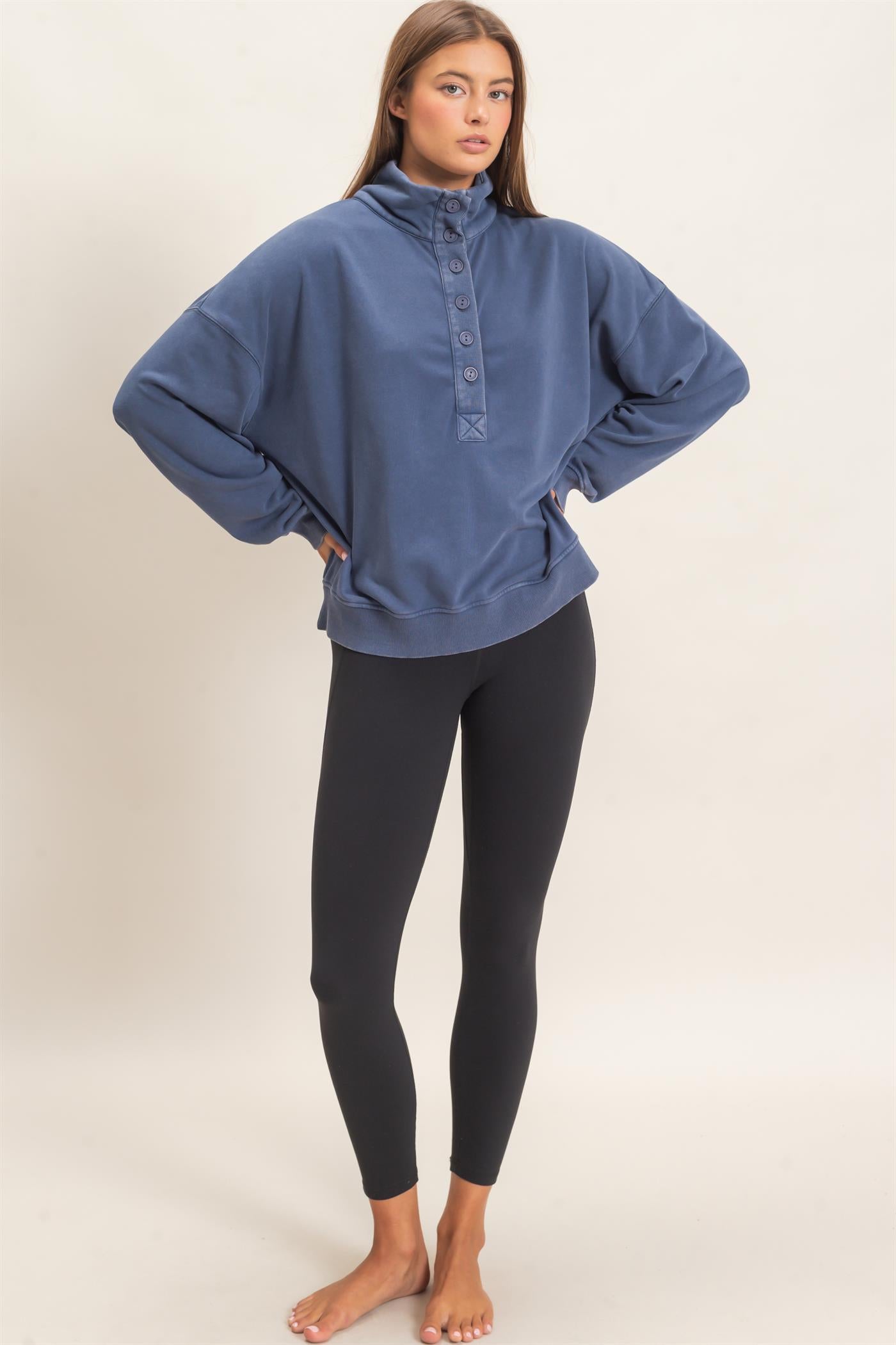 Wholesale Mineral Wash Button Front Sweatshirt Sweatshirts DZ26C909 NAVY DOUBLE ZERO