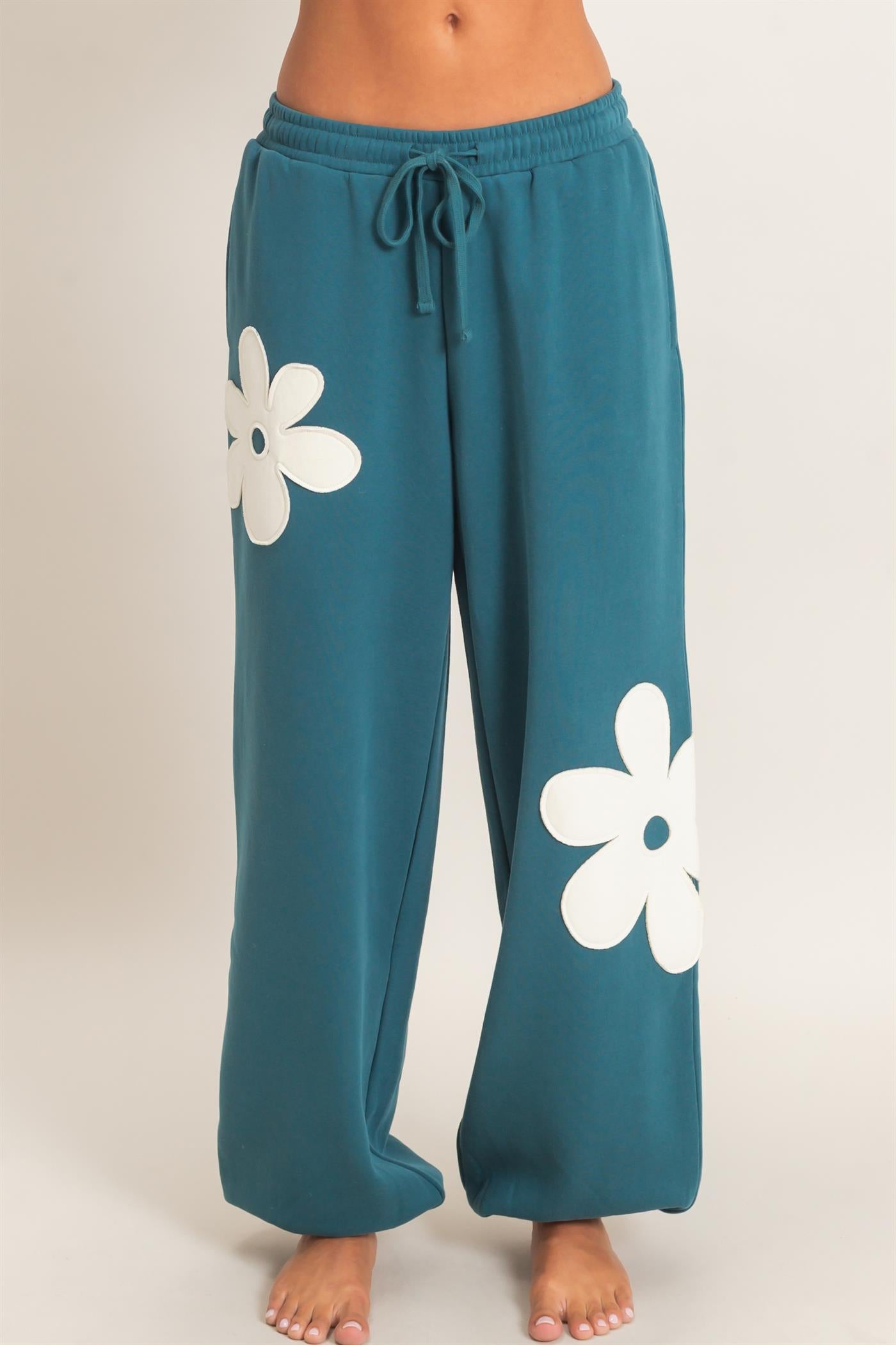 Wholesale Floral Applique Drawstring Jogger Pants Joggers DZ26F308 DARK TEAL DOUBLE ZERO