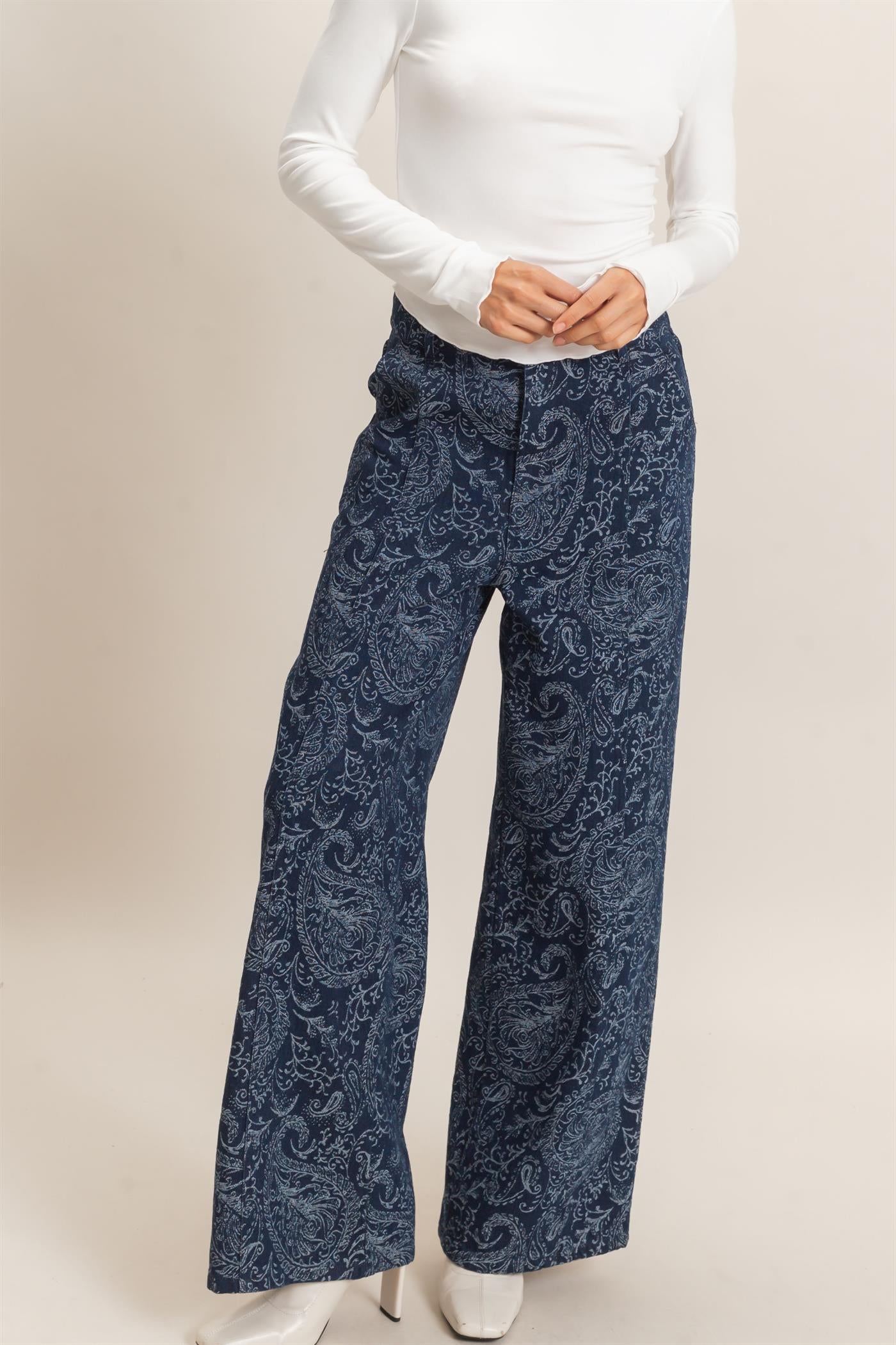 Wholesale Paisley Print Wide-Leg Pants Pants HF26F024 NAVY HYFVE