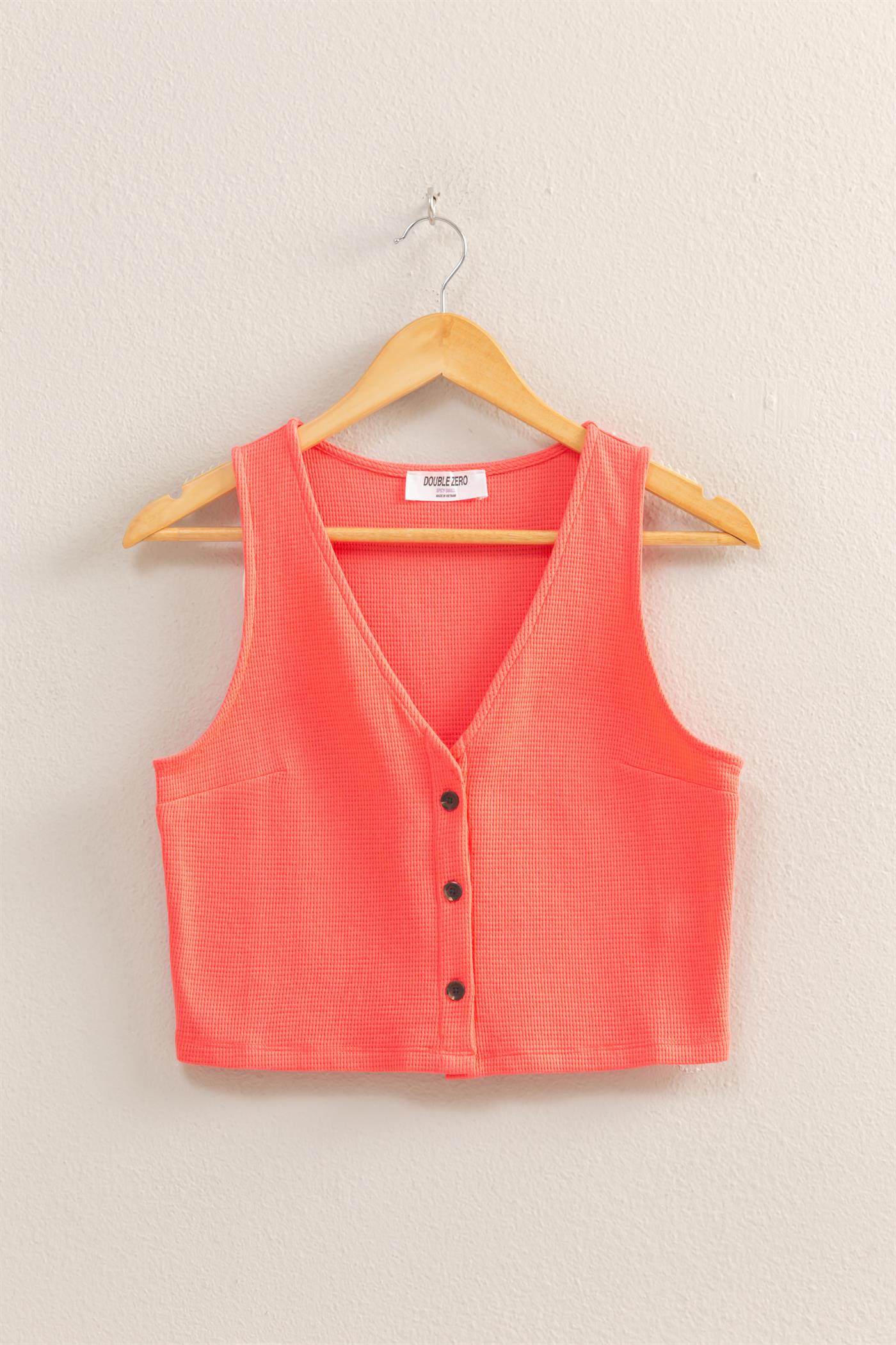 Wholesale Waffle Knit Button Down Sleeveless Vest Vests DZ25C154 CORAL DOUBLE ZERO