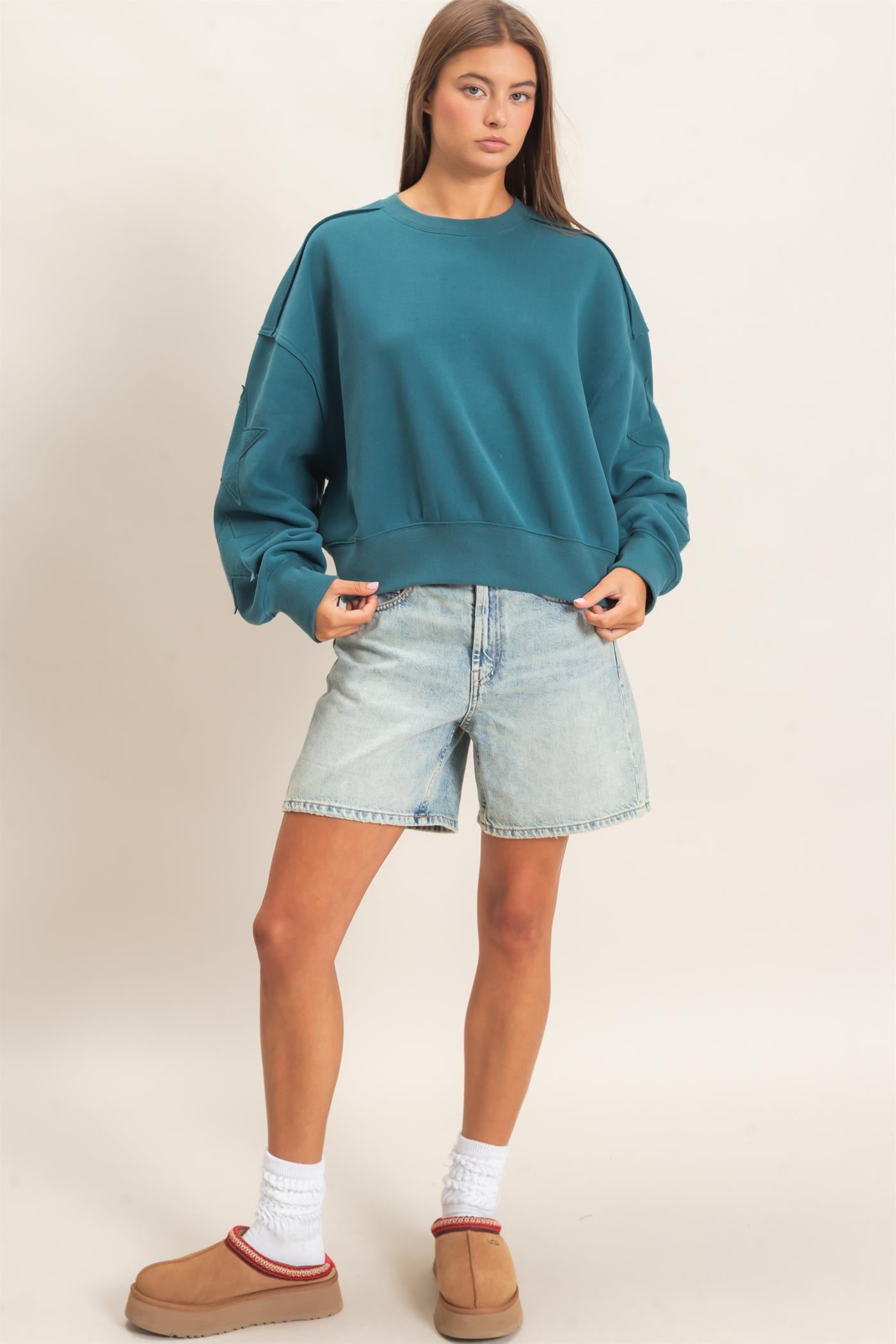 Wholesale Star Patch Sleeve Sweatshirt Sweatshirts DZ26E888 DARK TEAL DOUBLE ZERO