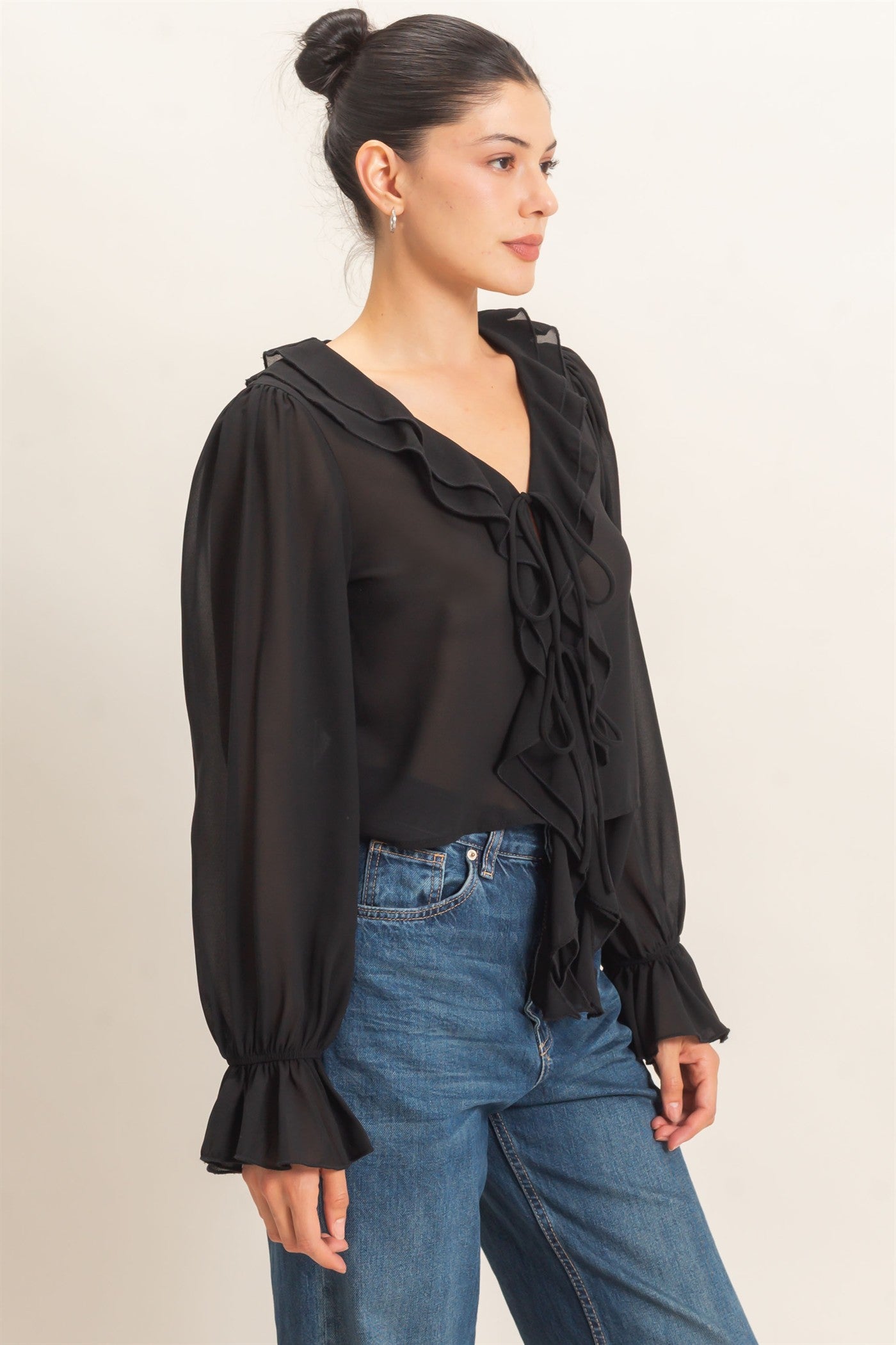 Wholesale Ruffled V-Neck Blouse Blouses HF26F066 BLACK HYFVE