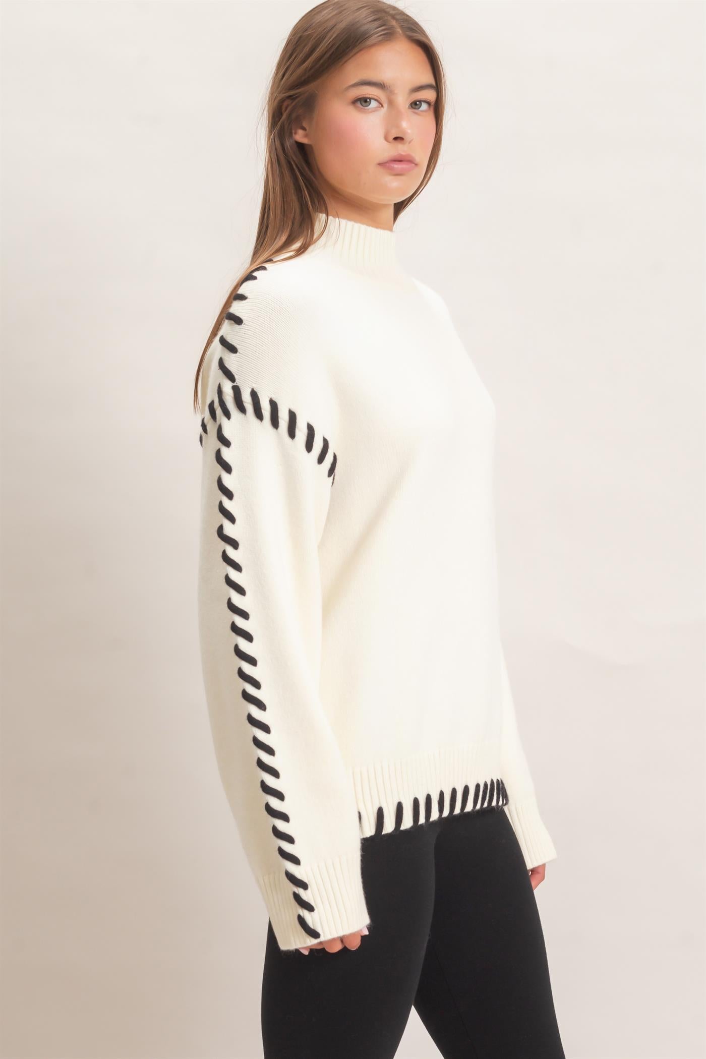 Wholesale Blanket Stitch High Neck Sweater Sweaters DZ27A190 CREAM DOUBLE ZERO