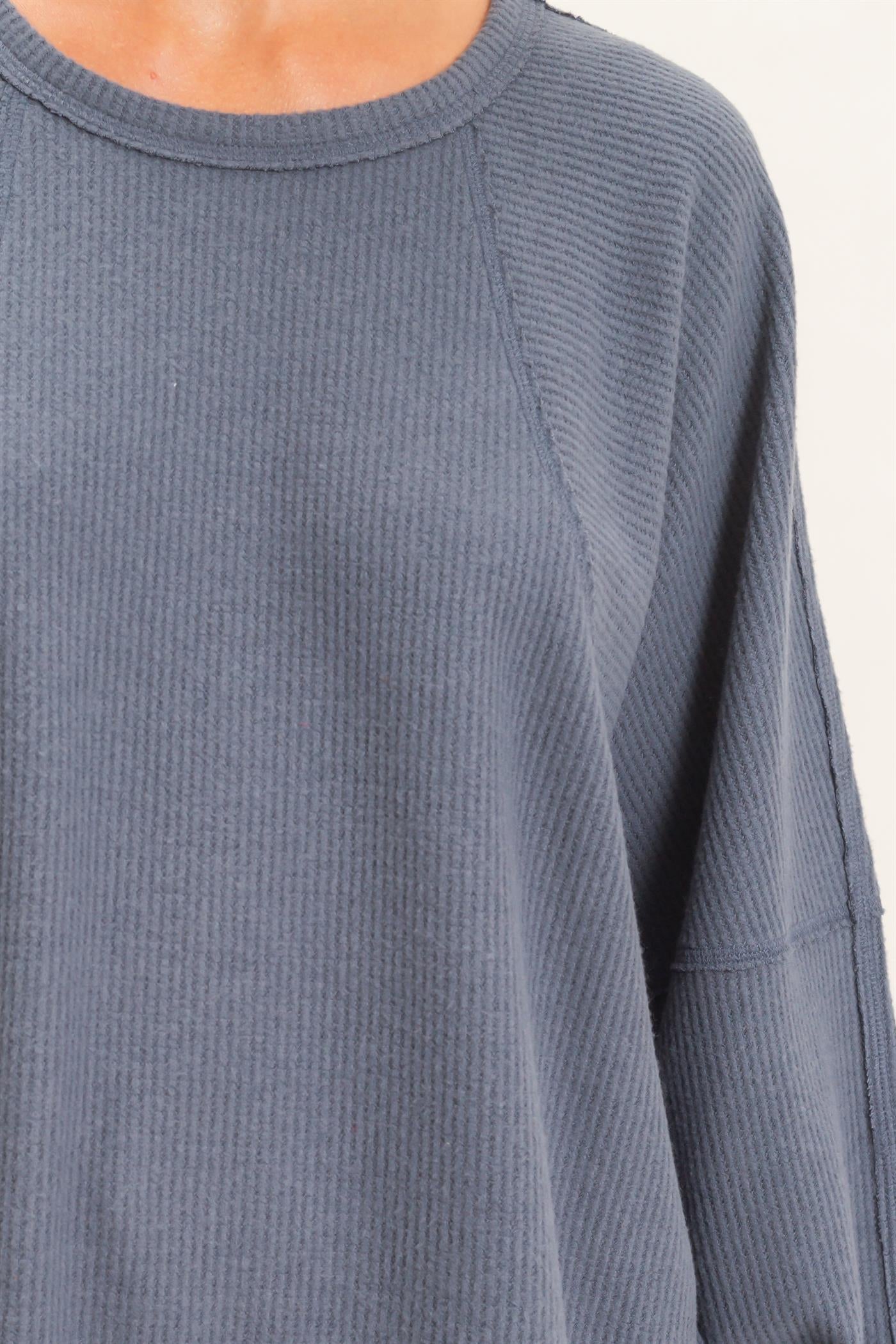 Wholesale Brushed Waffle Long Sleeve Top Clothing Tops DZ26F312 DARK GRAY DOUBLE ZERO