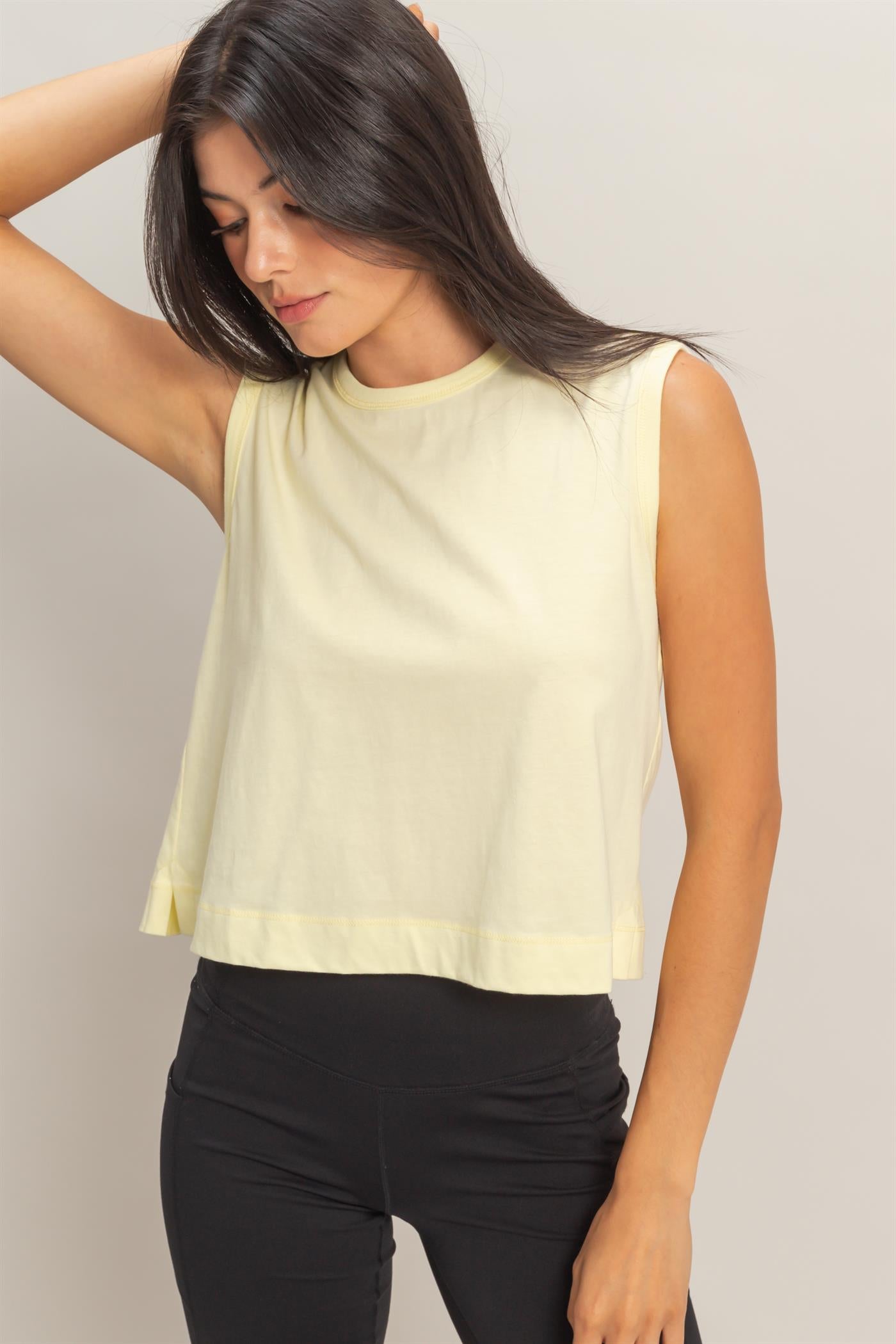 Wholesale Sleeveless Crew Neck Top With Back Pleats Clothing Tops DZ26A999 PALE YELLOW DOUBLE ZERO