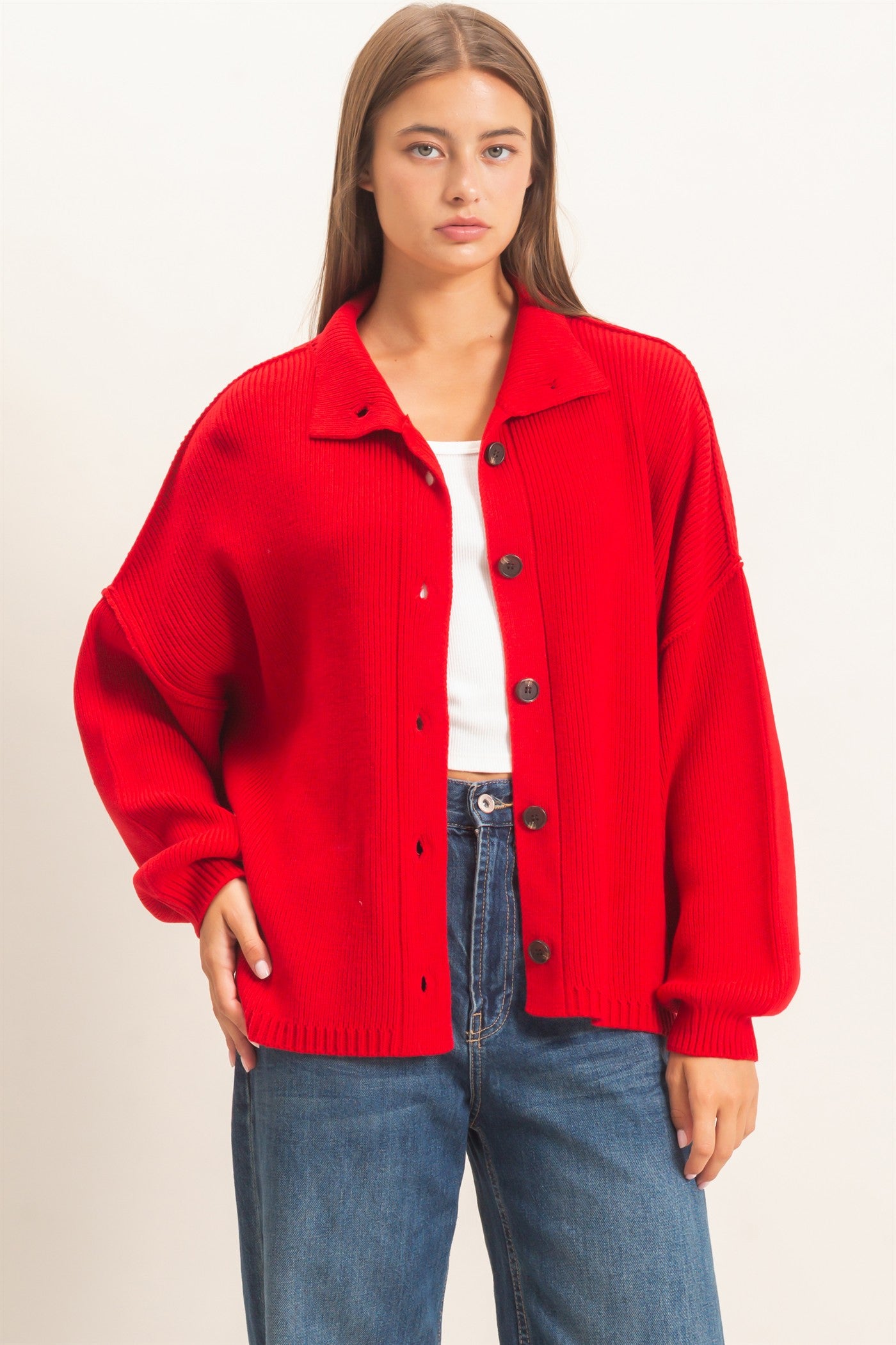 Wholesale High Neck Oversized Cardigan Cardigans DZ26E280 RED DOUBLE ZERO