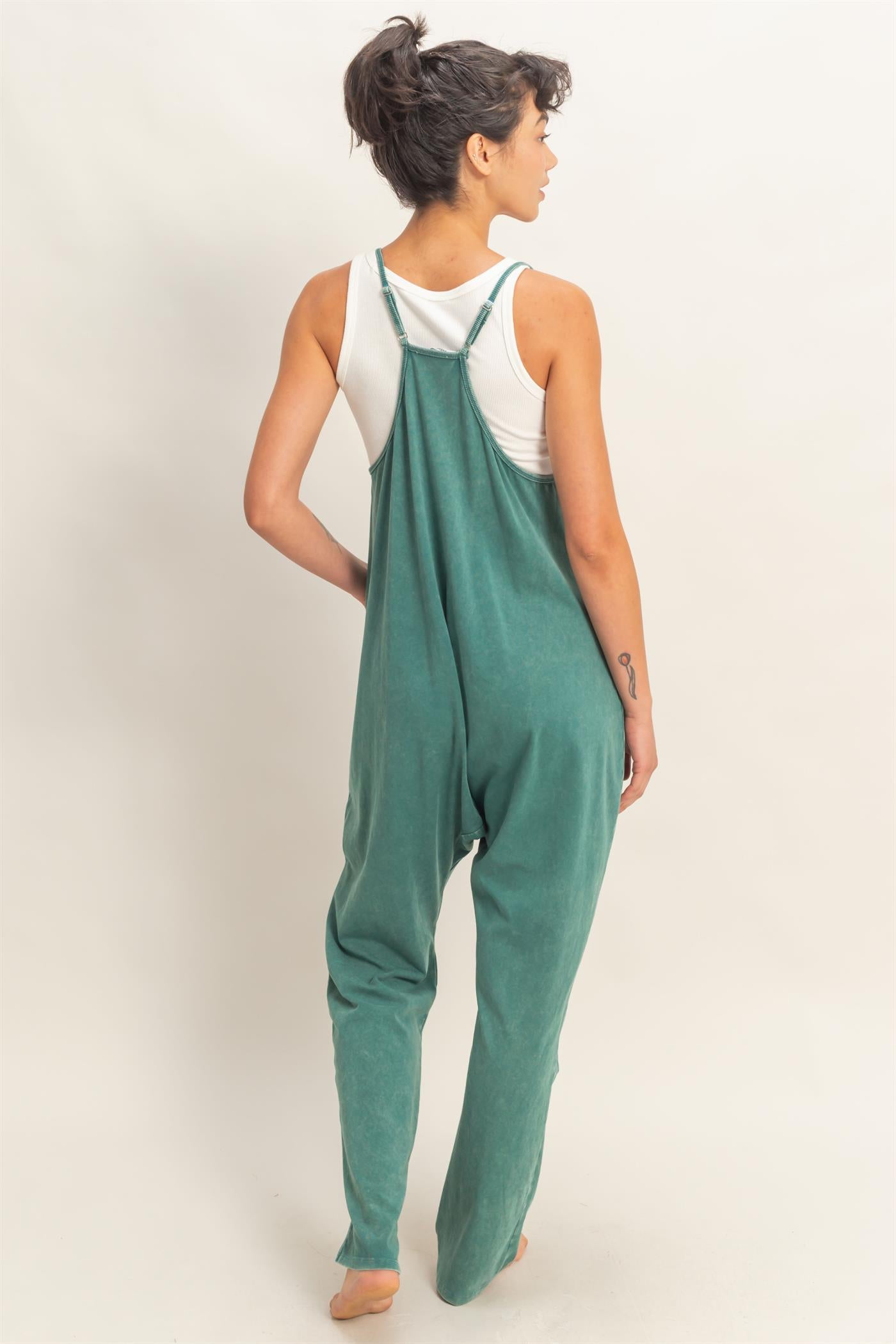 Wholesale Mineral Wash Spaghetti Strap Jumpsuit Clothing DZ26C375 DARK TEAL DOUBLE ZERO