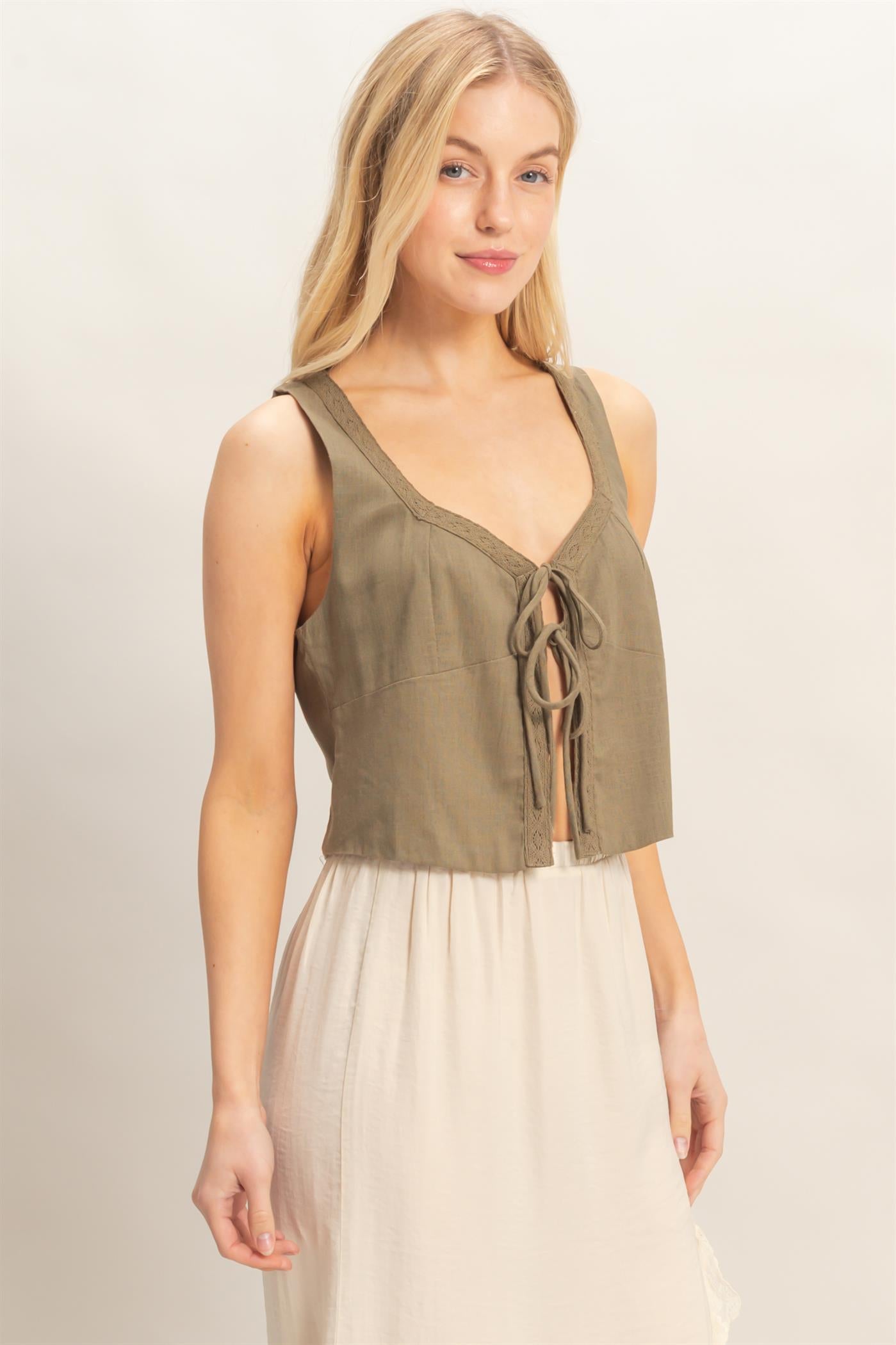 Wholesale Sleeveless Tie-Front Top Blouses HF26C298 OLIVE HYFVE