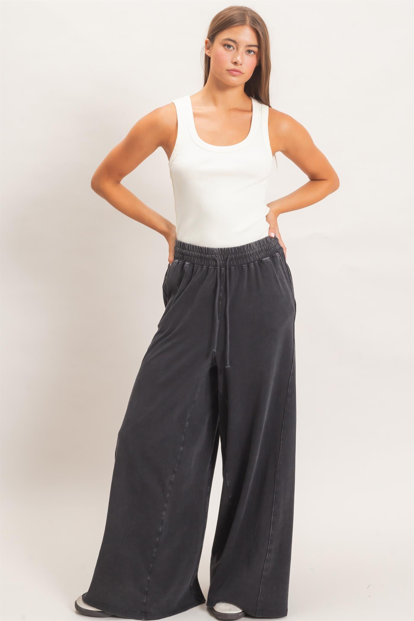 Wholesale Wide Leg Mineral Wash Pants Pants DZ26F406 BLACK DOUBLE ZERO