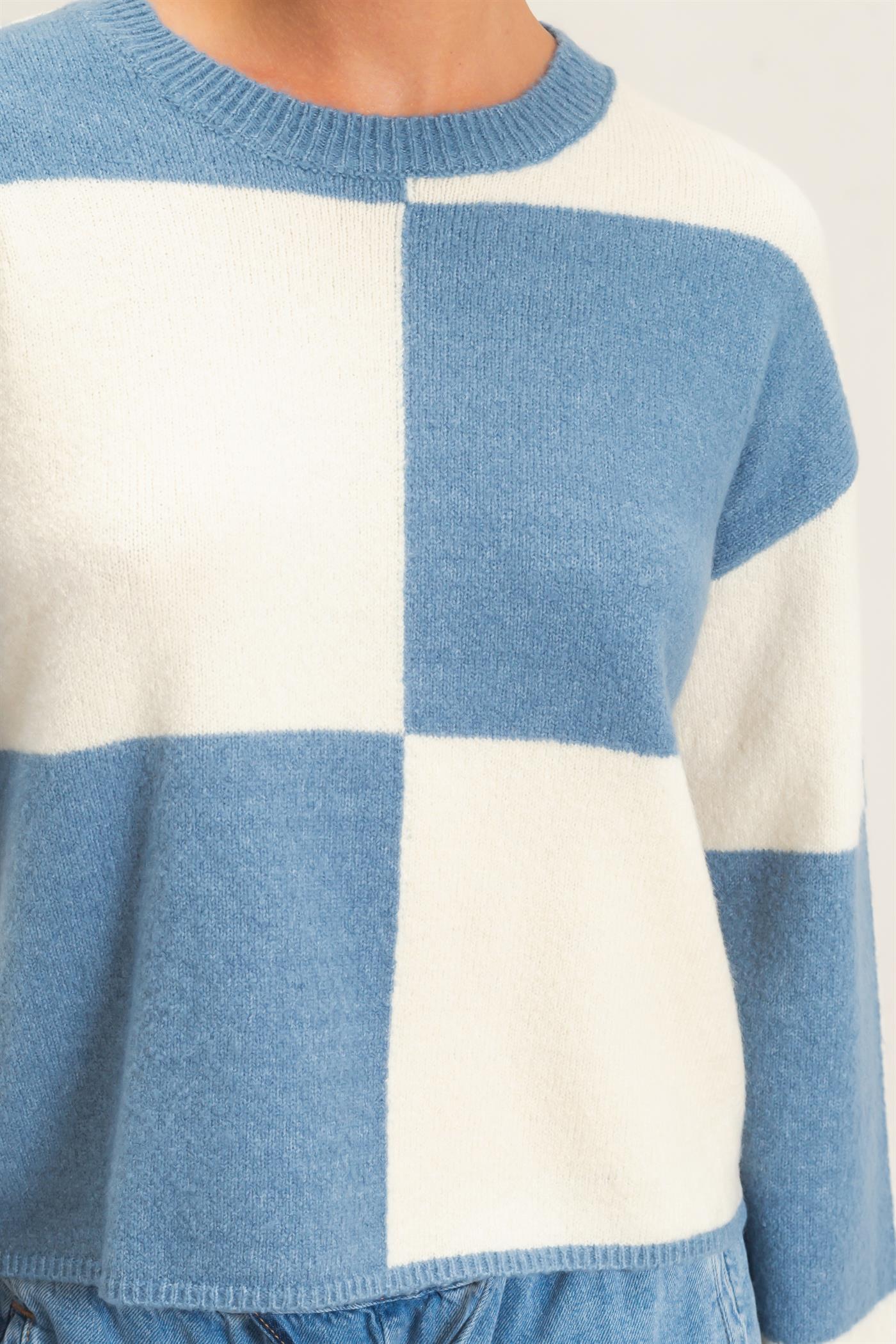 Wholesale Crew Neck Checkered Sweater Sweaters DZ26C980 DUSTY BLUE DOUBLE ZERO
