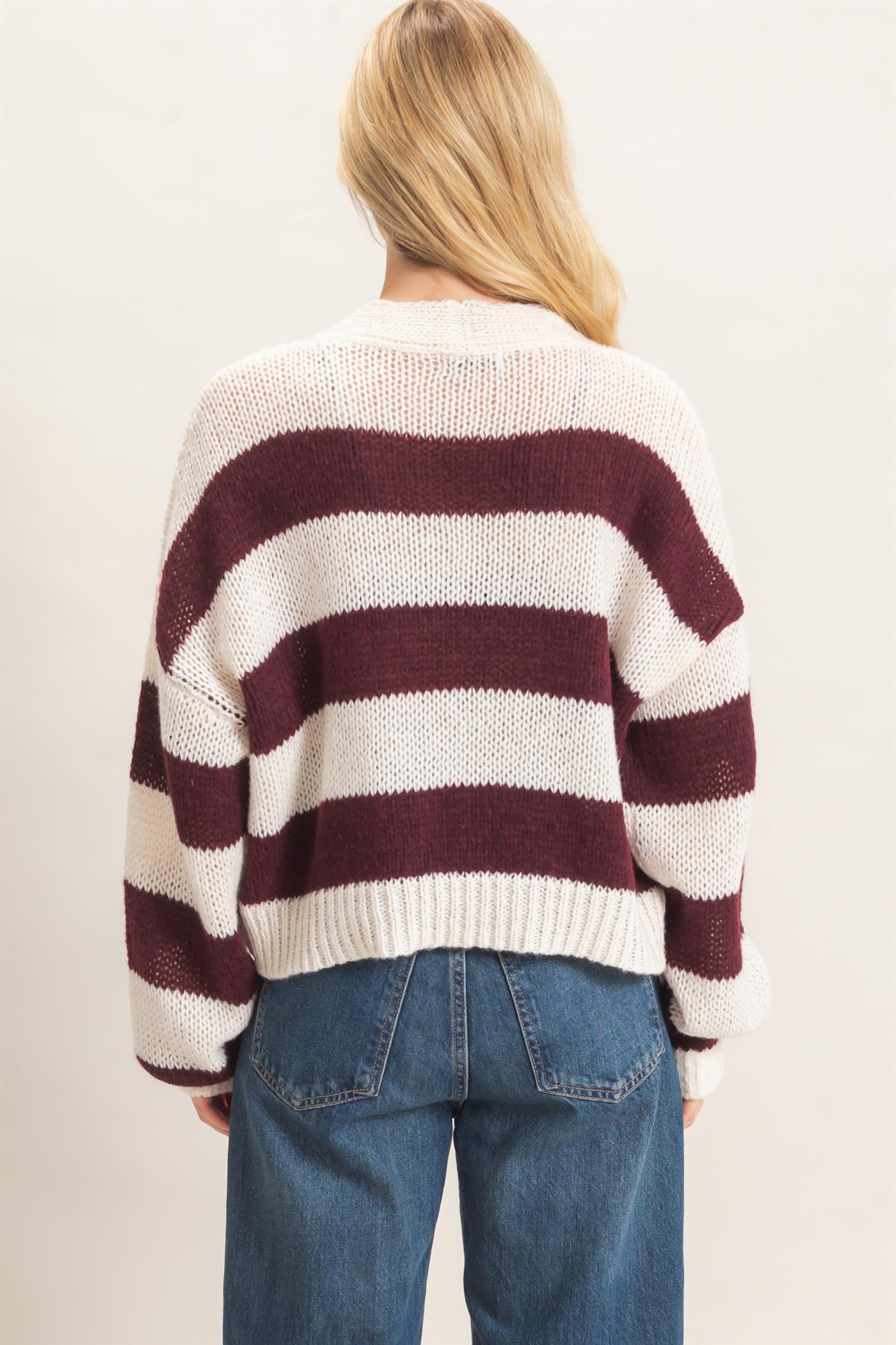 Wholesale Striped V-Neck Sweater Cardigan Cardigans HF26E959 MERLOT HYFVE