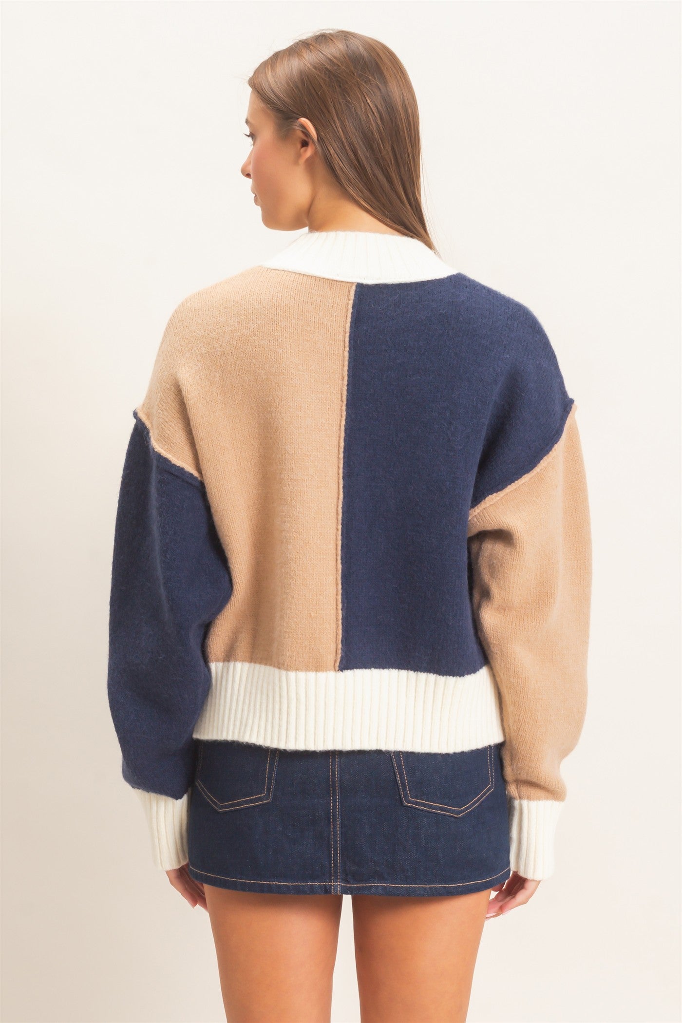 Wholesale Color Block Mock Neck Sweater Sweaters DZ27A211 NAVY DOUBLE ZERO