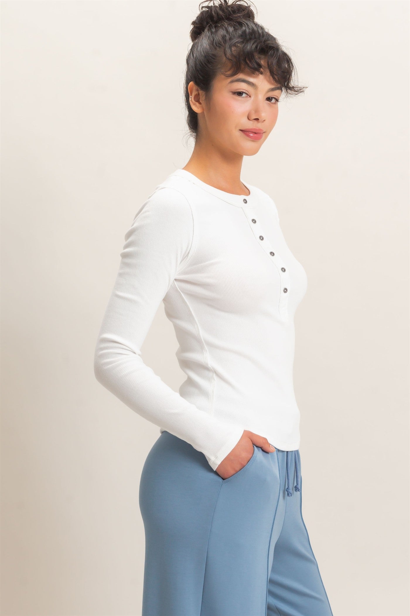 Wholesale Pigment Dye Henley Long Sleeve Top Clothing Tops DZ26C882 WHITE DOUBLE ZERO