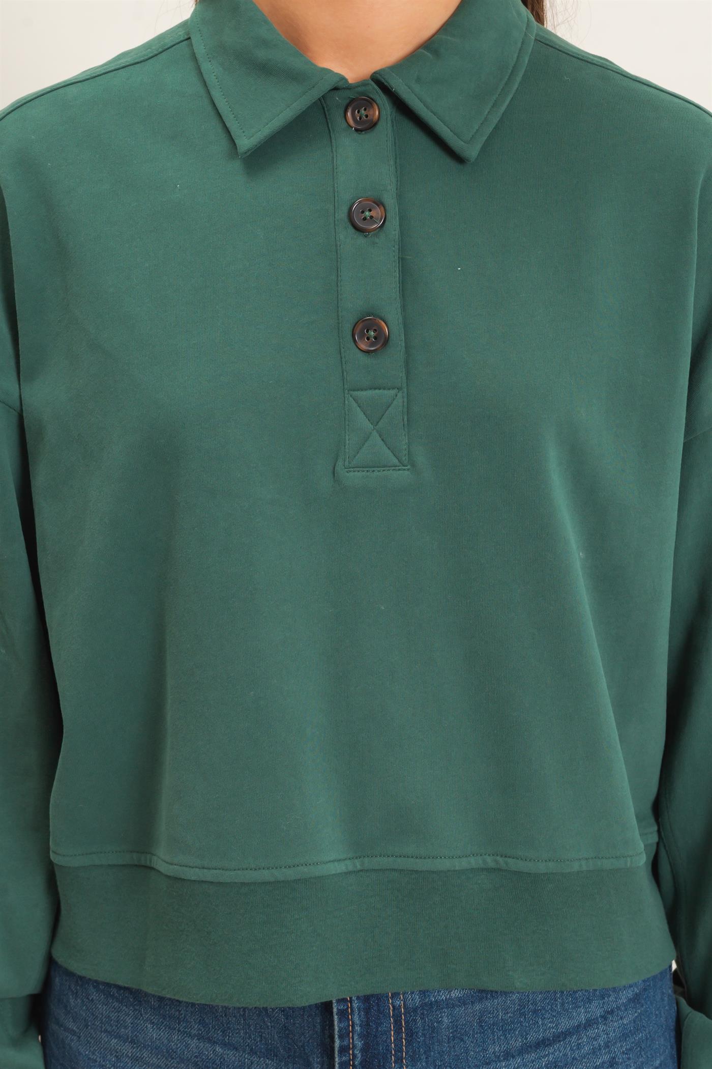 Wholesale Washed Button-Front Collared Sweatshirt Sweatshirts DZ26E390 DARK GREEN DOUBLE ZERO