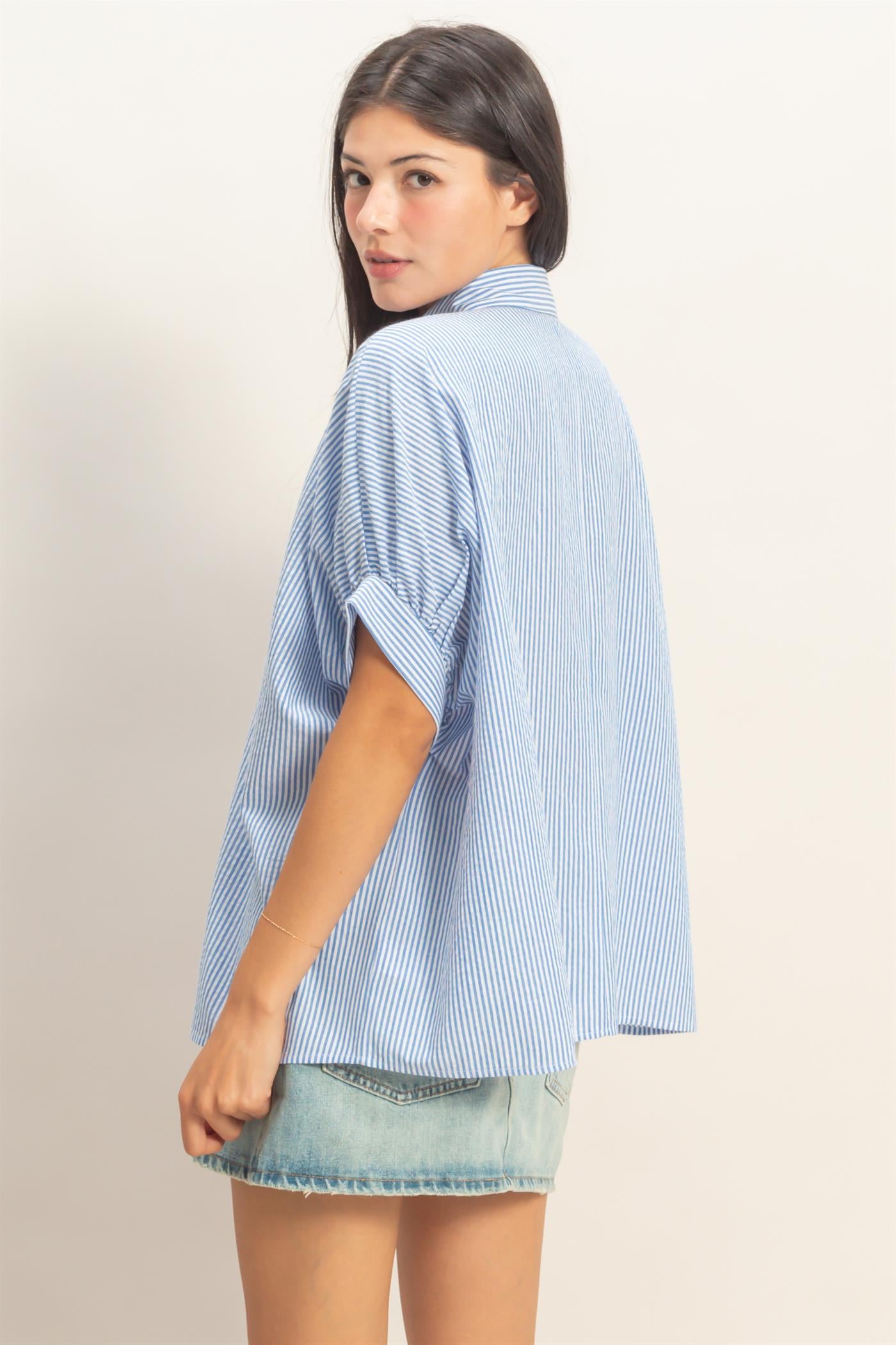 Wholesale Striped Short Sleeve Button-Front Blouse T-Shirts DZ26C276 BLUE DOUBLE ZERO