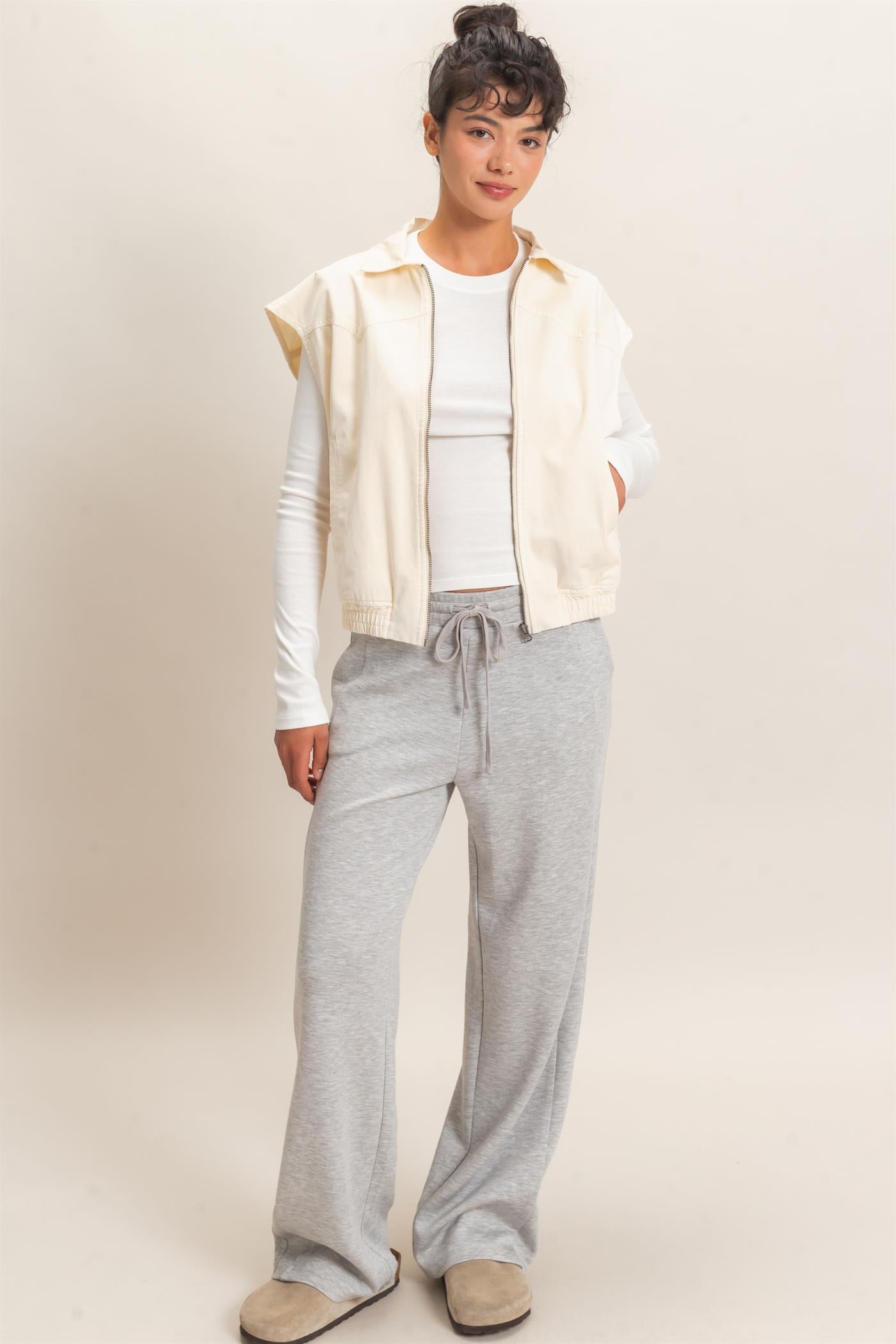 Wholesale Mineral Wash Sleeveless Zip-Up Collar Vest Vests DZ26E392 IVORY DOUBLE ZERO