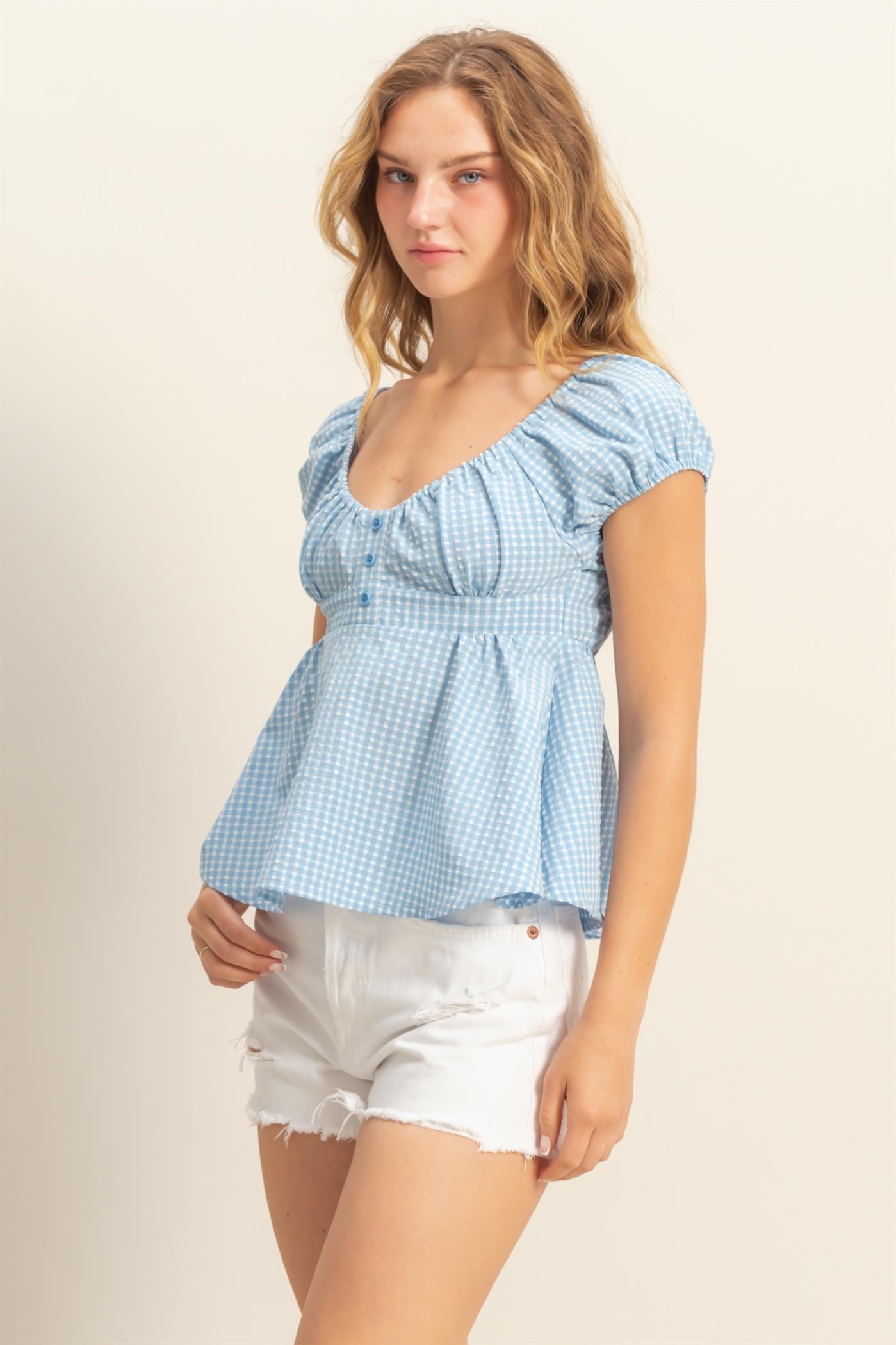 Wholesale Gingham Scoop Neck Cap Sleeve Blouse Blouses DZ25C042 BLUE DOUBLE ZERO