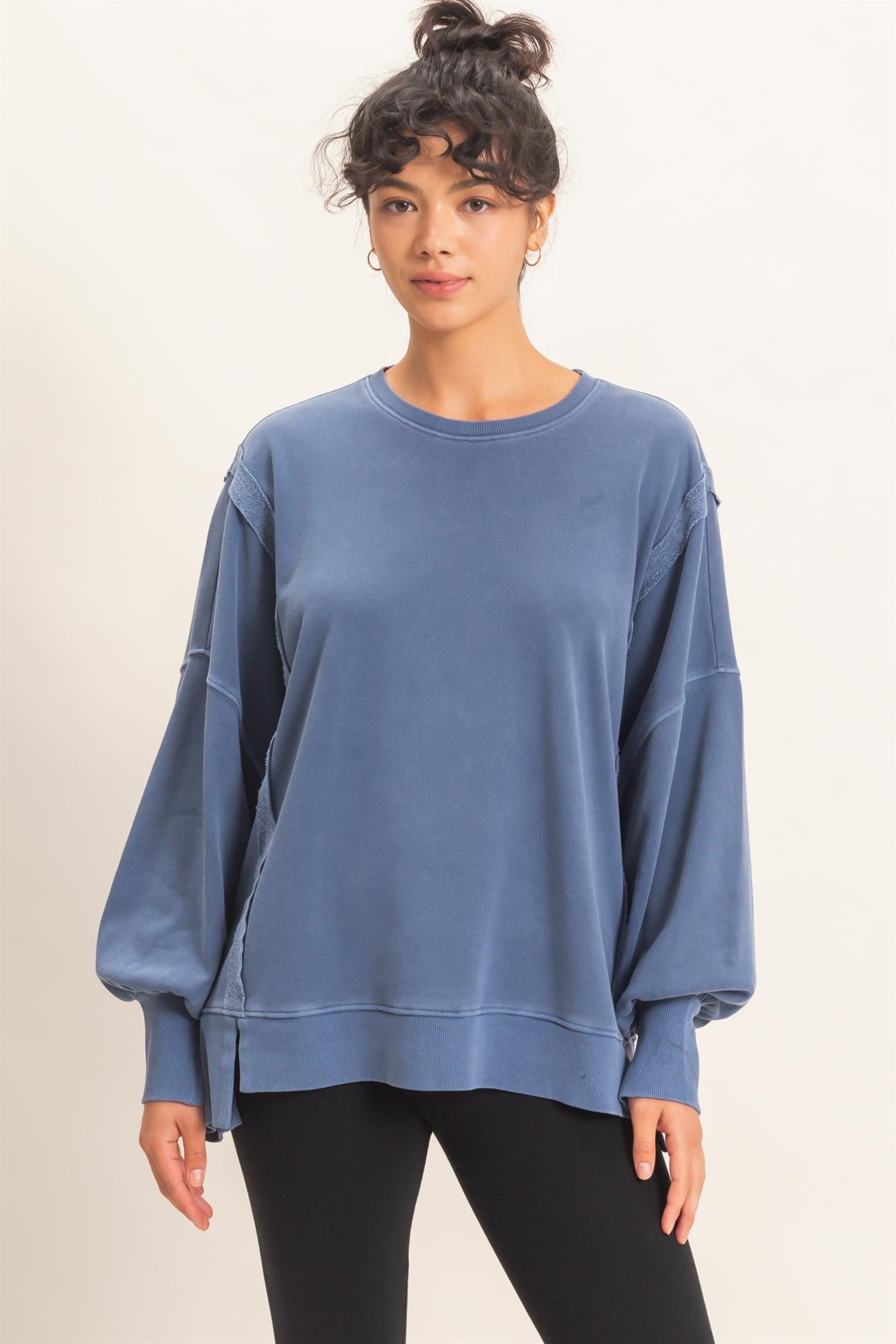 Wholesale Pigment  Dye Oversized Raw Edge Sweatshirt Sweatshirts DZ26C737 NAVY DOUBLE ZERO