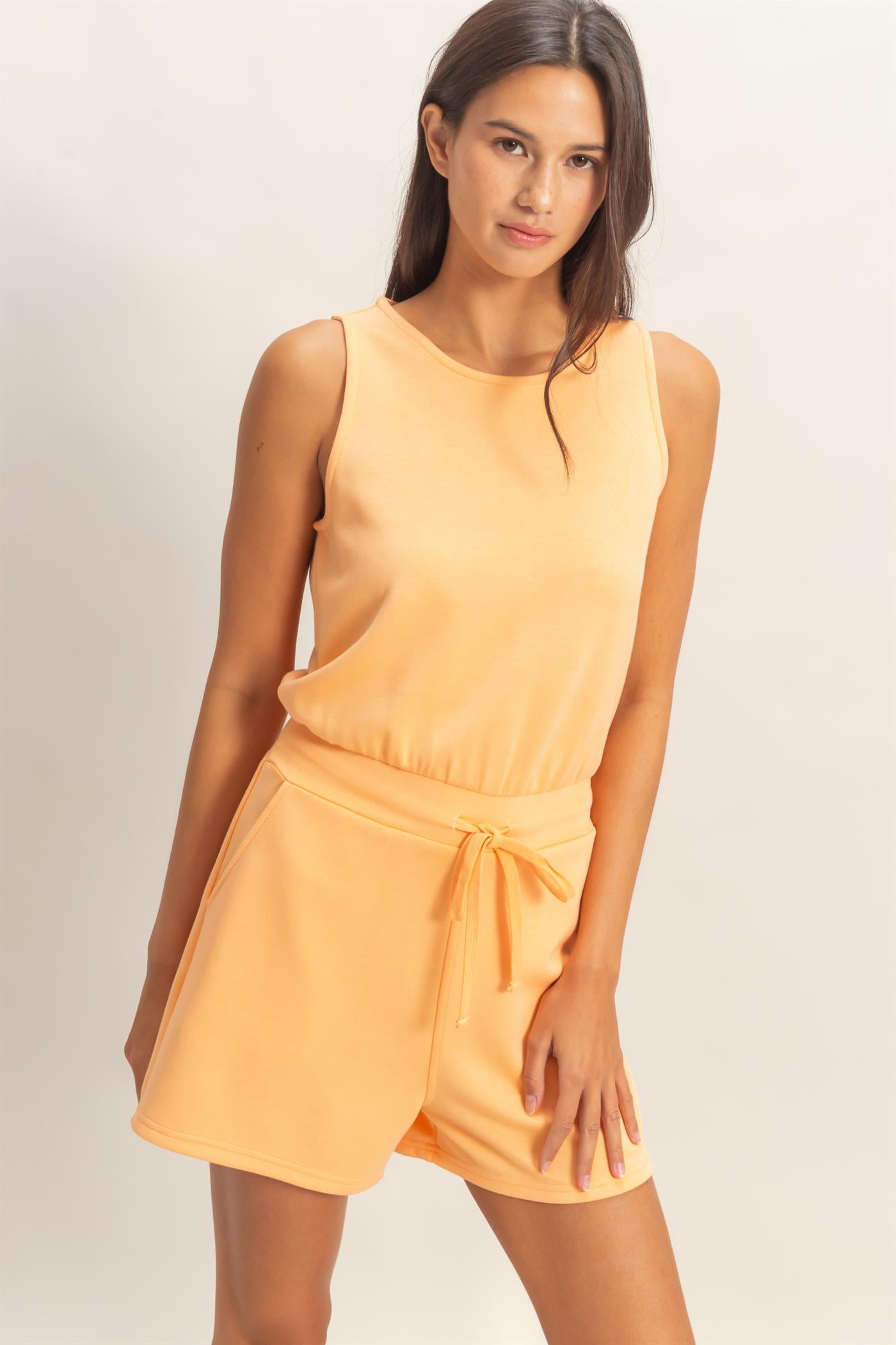 Wholesale Drawstring Waist Sleeveless Romper Clothing DZ26C732 APRICOT DOUBLE ZERO
