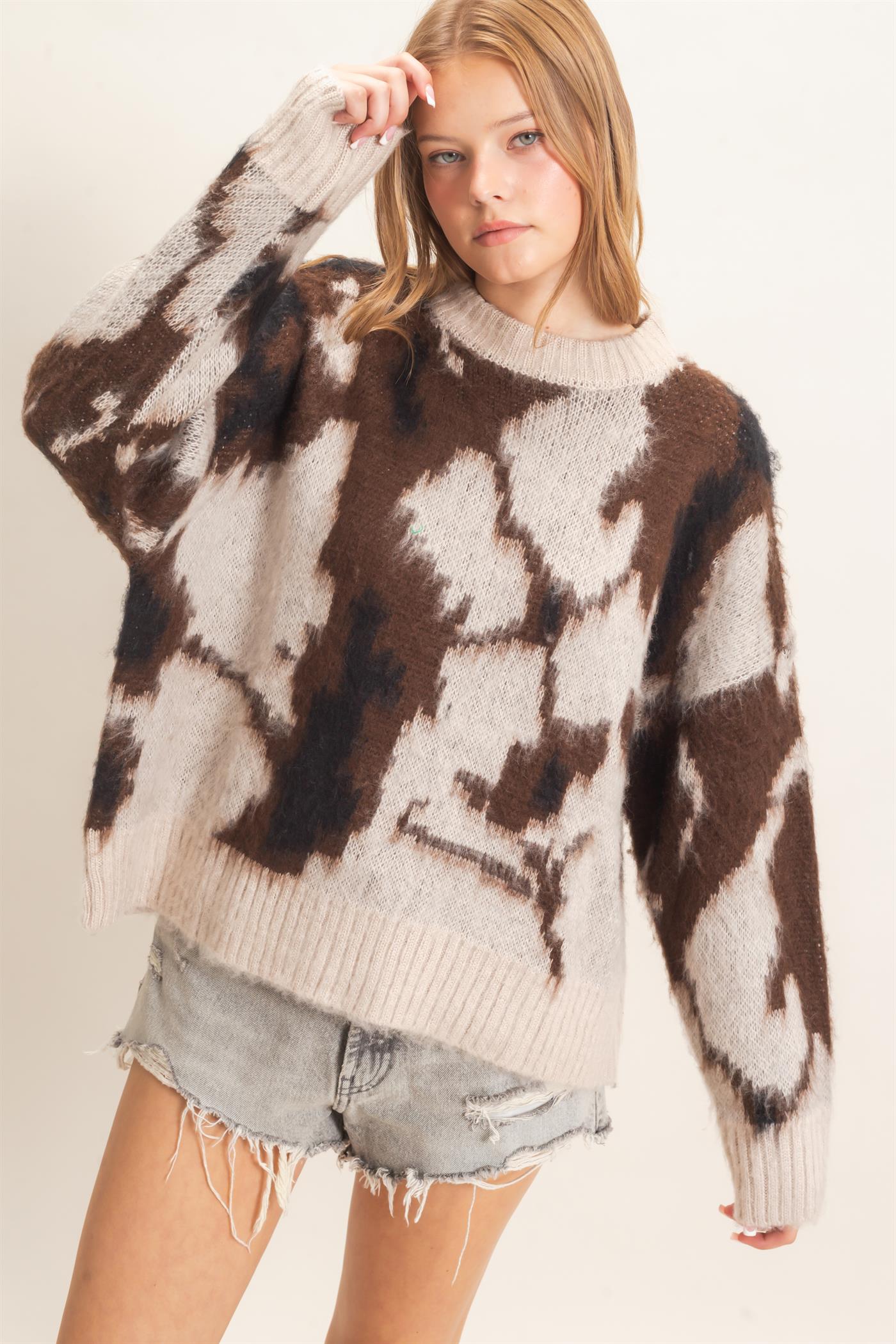Wholesale Abstract Jacquard Mock Neck Sweater Sweaters HF26E663 SAND HYFVE