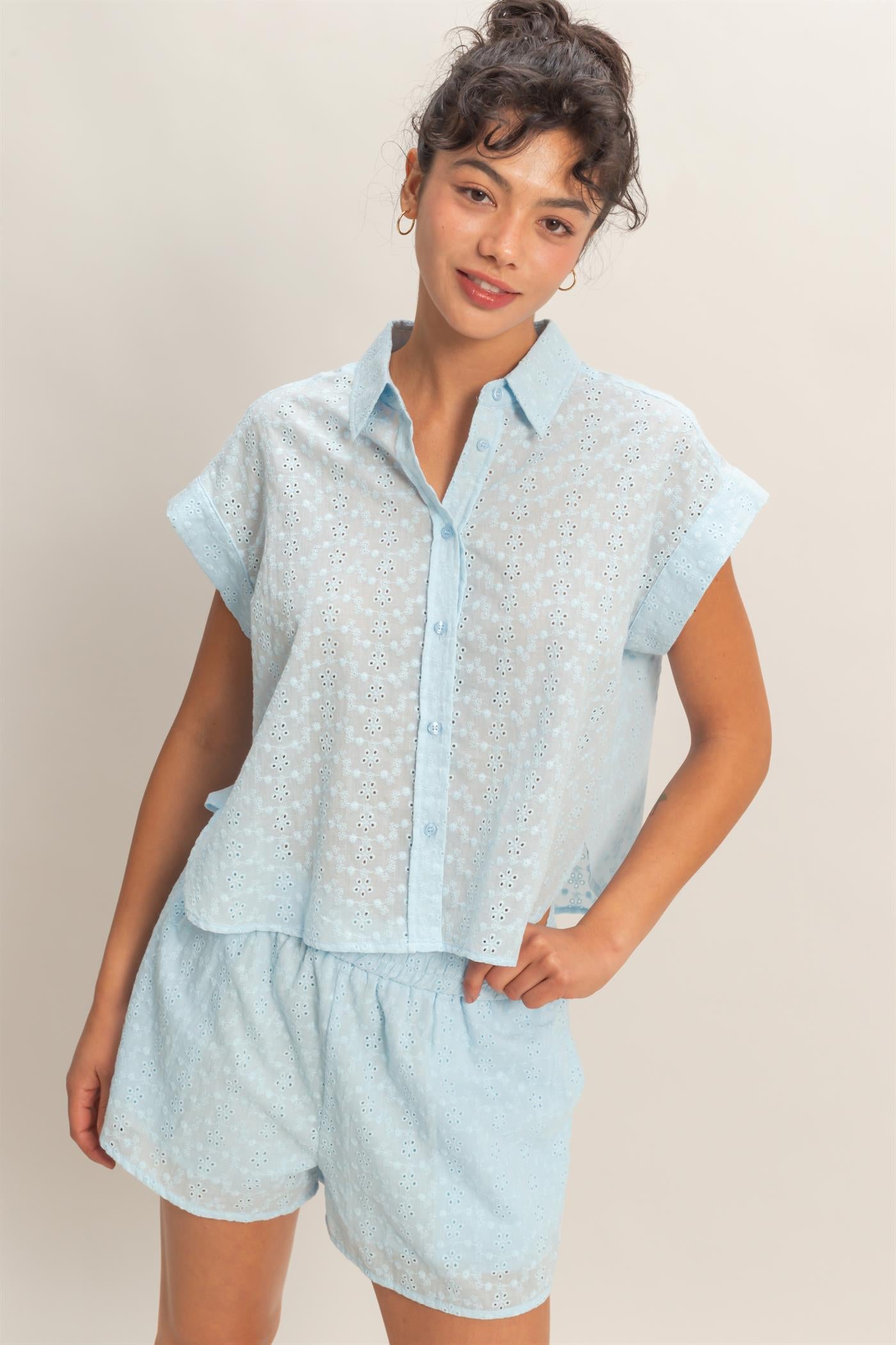 Wholesale Eyelet Dolman Short Sleeve Button Up Shirt Clothing Tops DZ26C088 ICE BLUE DOUBLE ZERO