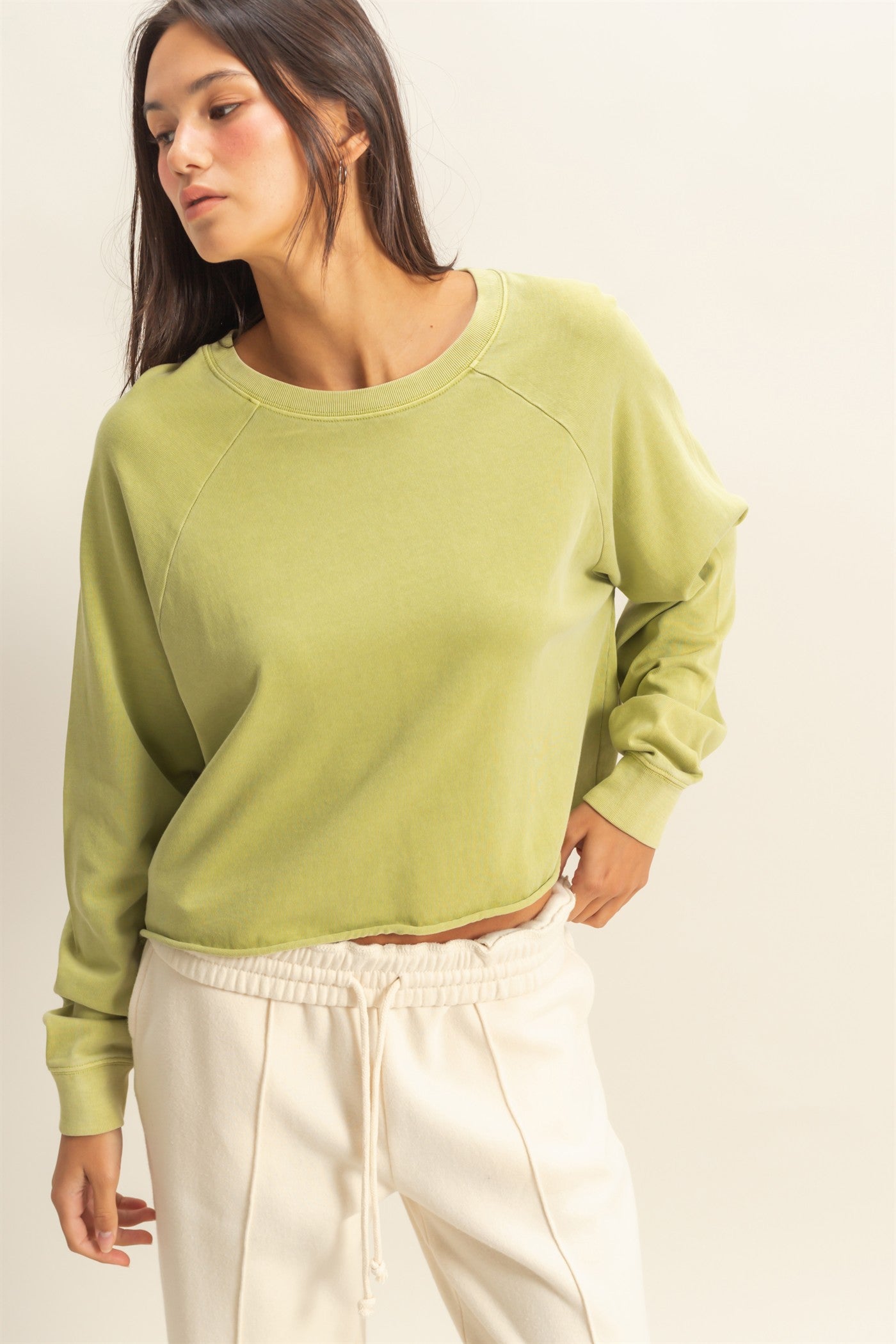 Wholesale Raglan Long Sleeve Top Clothing Tops DZ23G286 PALE OLIVE DOUBLE ZERO