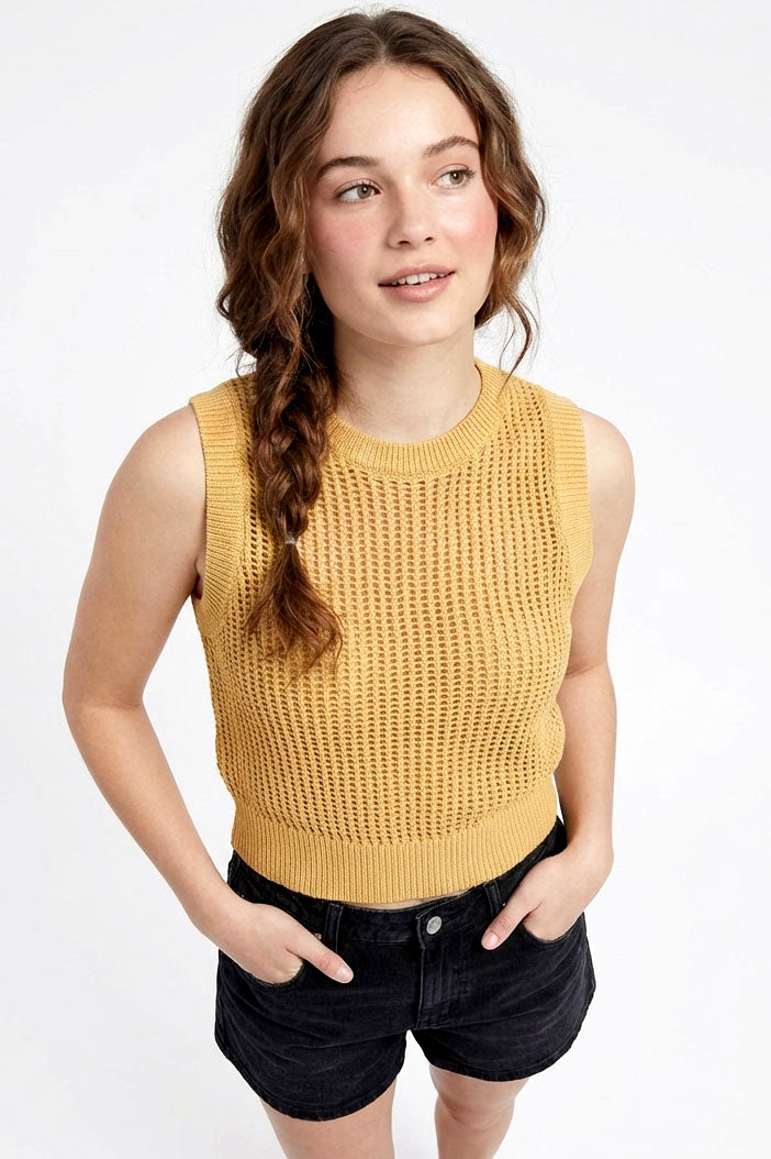 Wholesale Open Knit Sleeveless Crop Top Clothing Tops DZ24A482 SAND DOUBLE ZERO