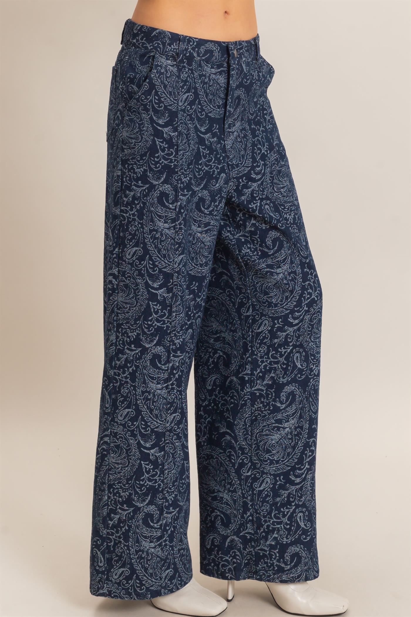Wholesale Paisley Print Wide-Leg Pants Pants HF26F024 NAVY HYFVE