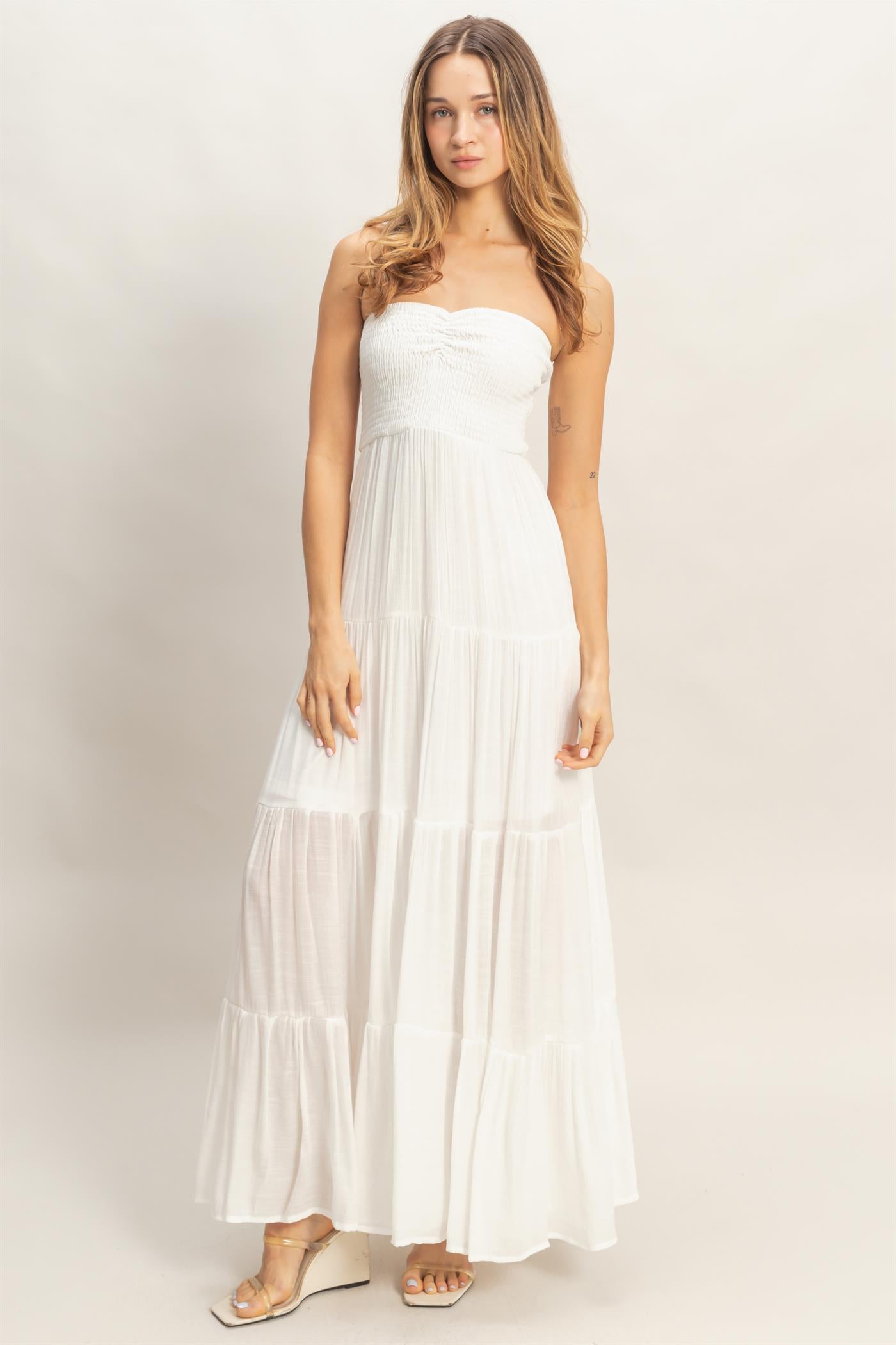 Wholesale Smocked Elastic Neck Maxi Dress Dresses HF26C284-D WHITE HYFVE