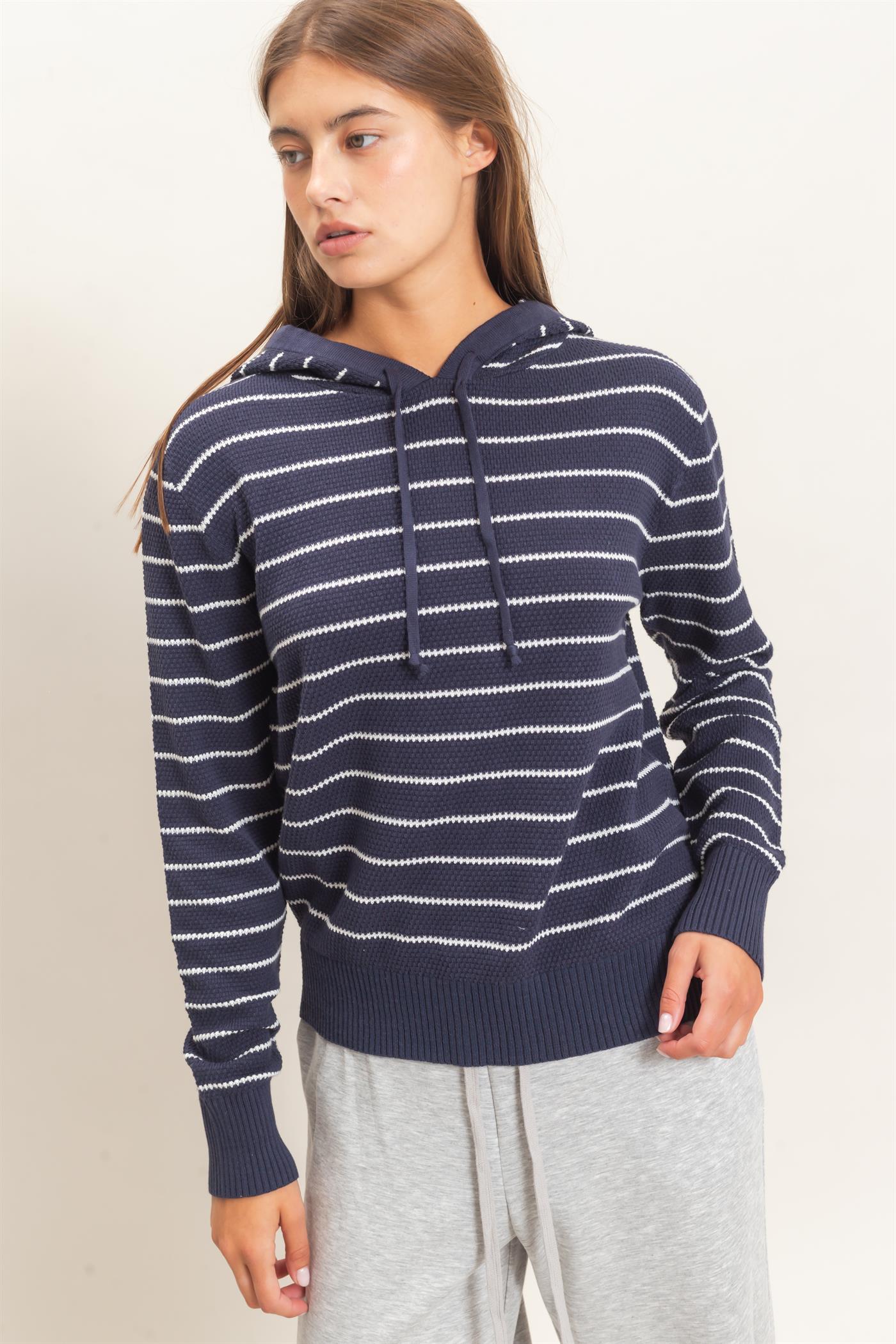 Wholesale Striped Hooded Sweater Hoodies DZ26C972 NAVY DOUBLE ZERO