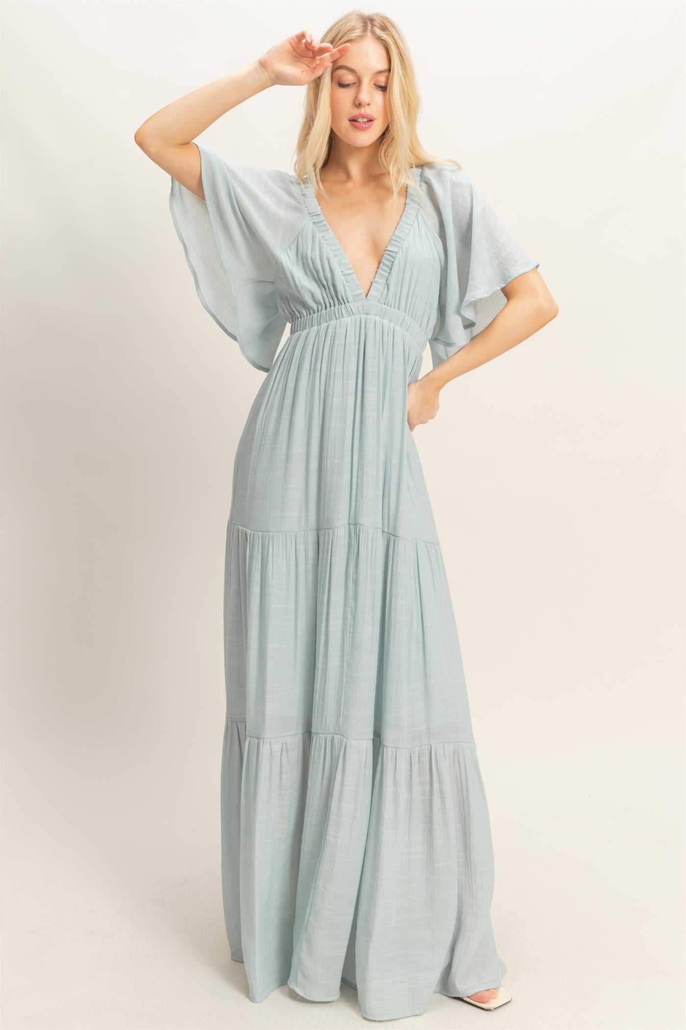 Wholesale Flutter Sleeve Maxi Dress Dresses HF26C285-D D.BLUE HYFVE
