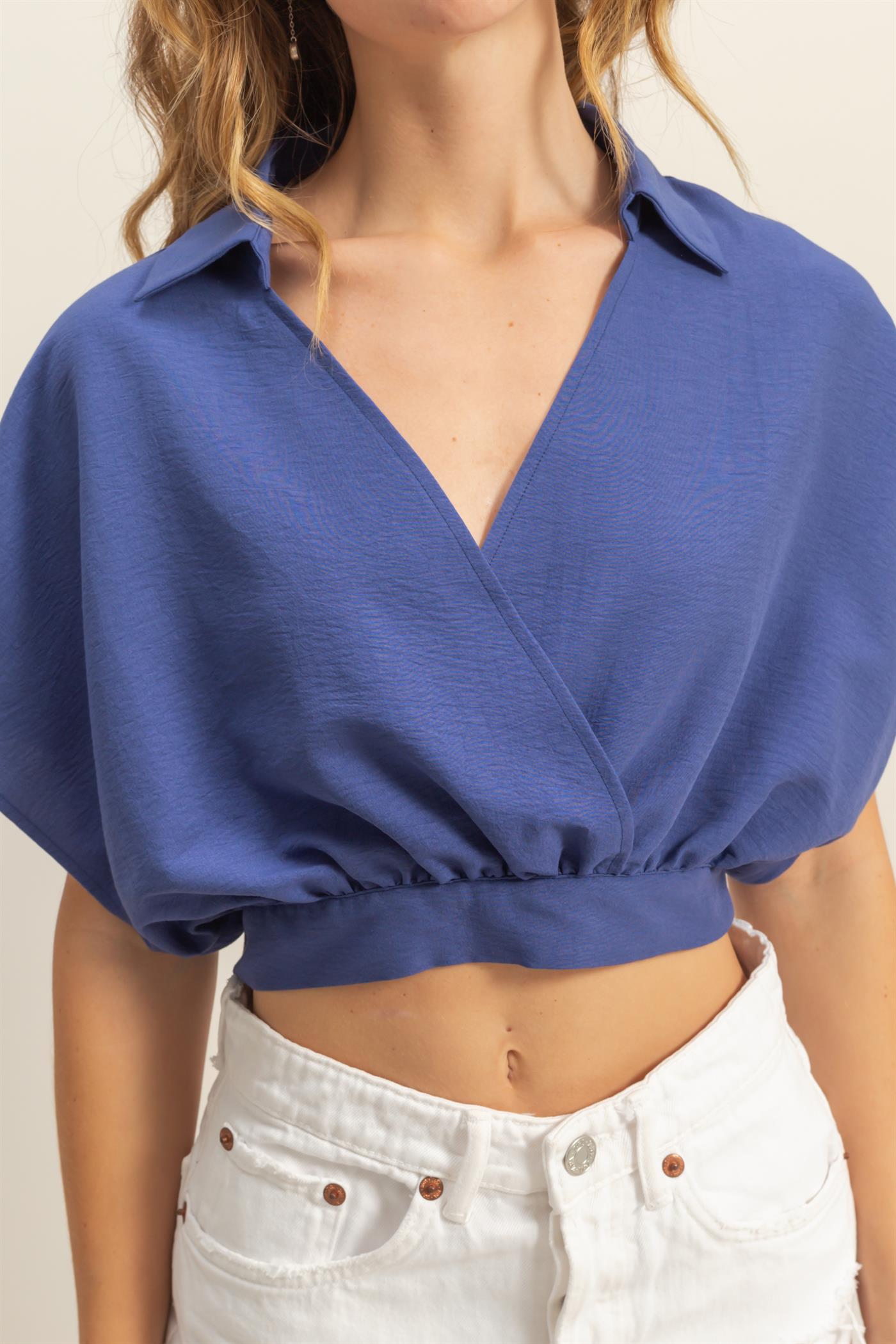Wholesale Casual Batwing Sleeves Surplice Top Blouses DZ25C243 DUSTY INDIGO DOUBLE ZERO