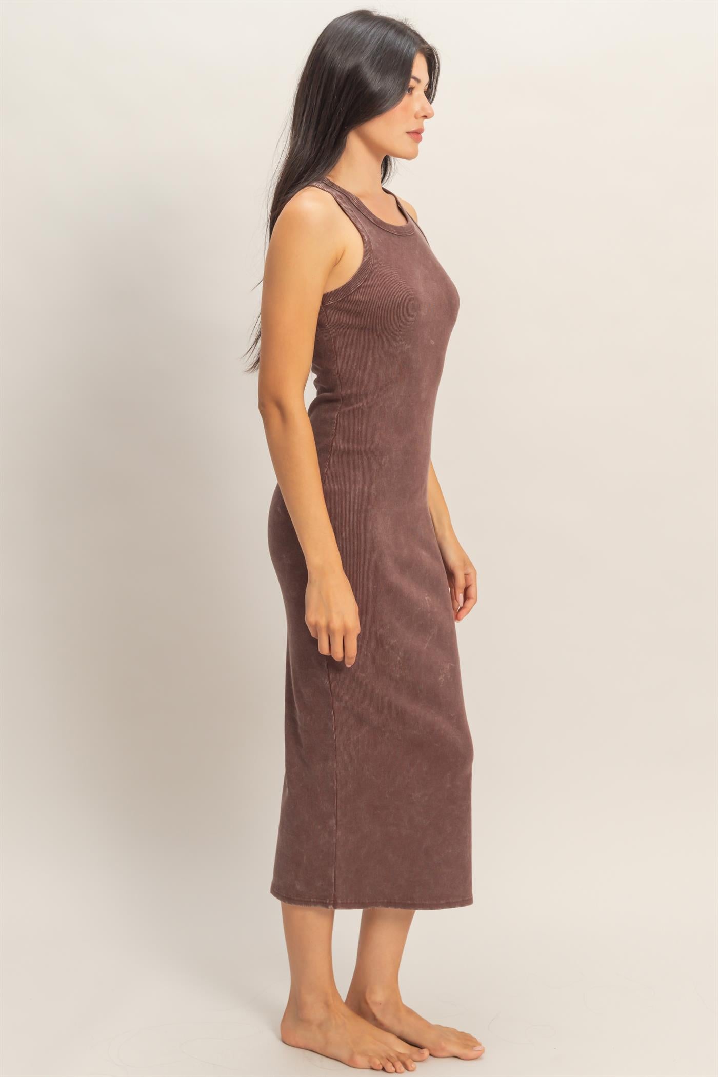 Wholesale Acid Washed Ribbed Midi Tank Dress Dresses DZ26C060 CHOCOLATE DOUBLE ZERO