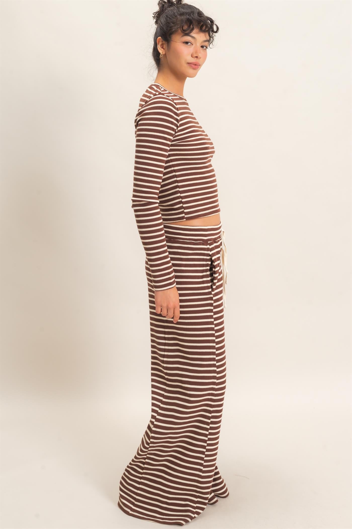 Wholesale Striped Waffle Long Sleeve Top & Pants Set Clothing DZ25F479-SET DARK BROWN DOUBLE ZERO