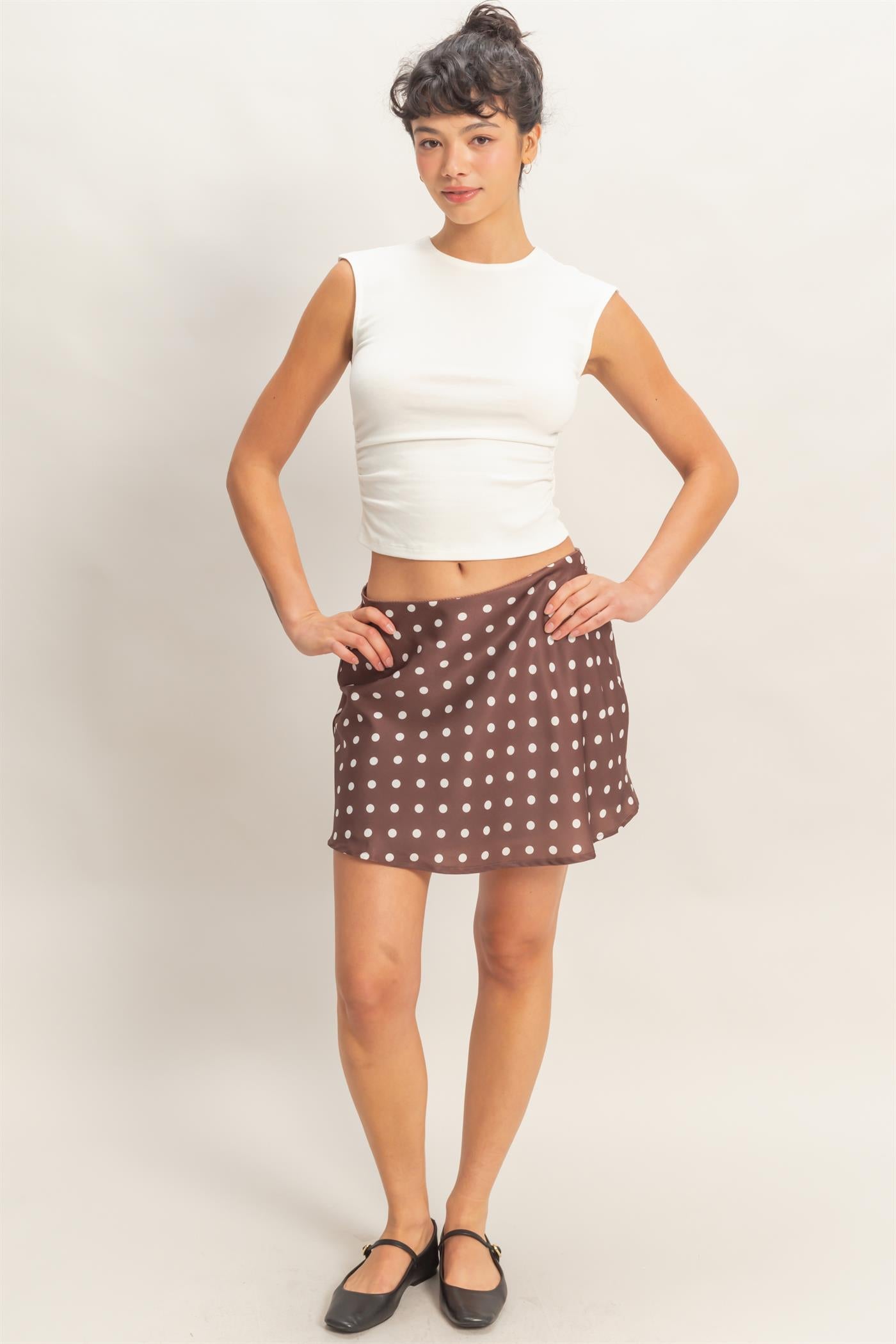 Wholesale Satin Polka Dot Mini Skirt Skirts DZ26C207 CHOCOLATE DOUBLE ZERO