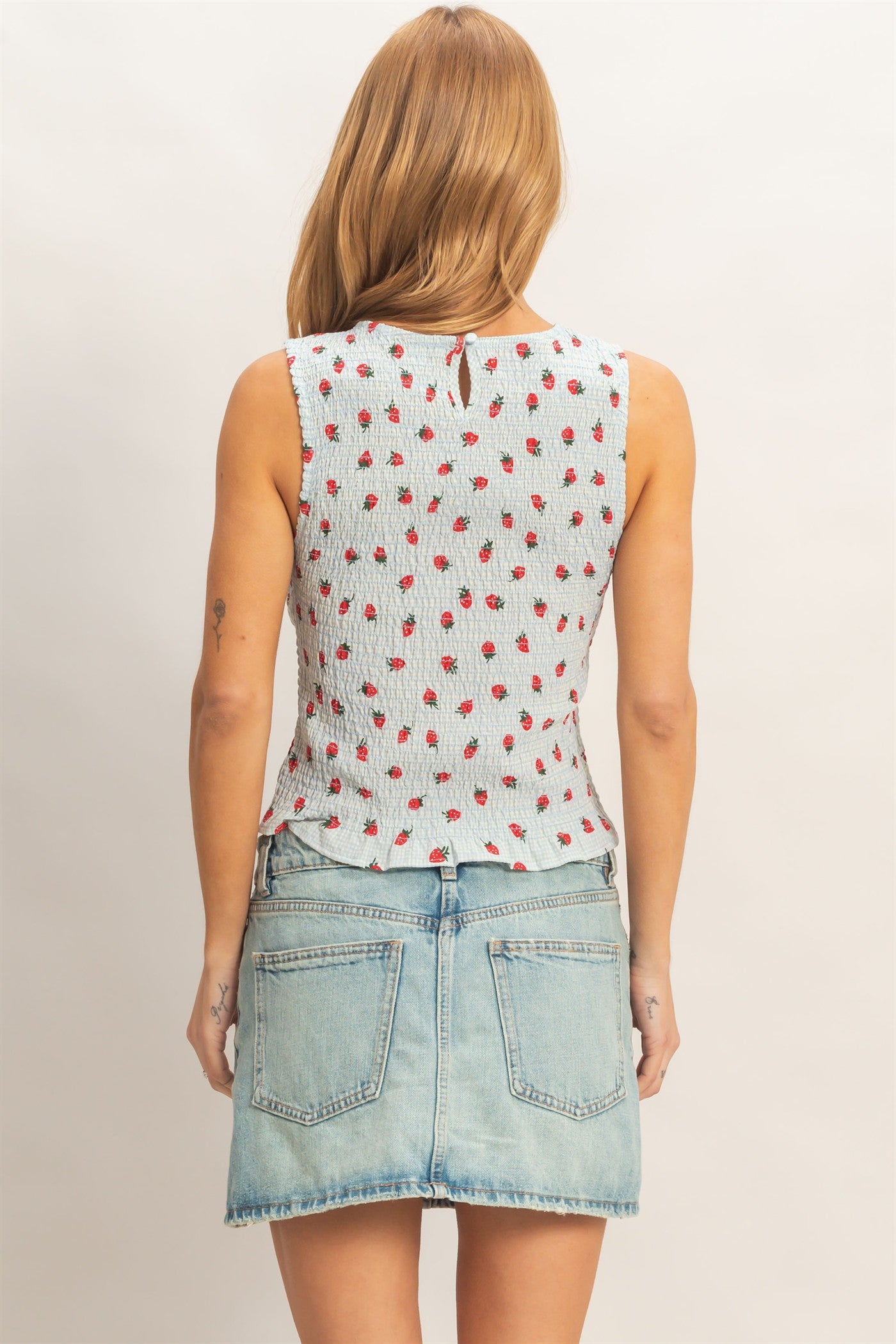 Wholesale Strawberry Print Gingham Smocked Sleeveless Top Clothing Tops HF26E707 BLUE HYFVE