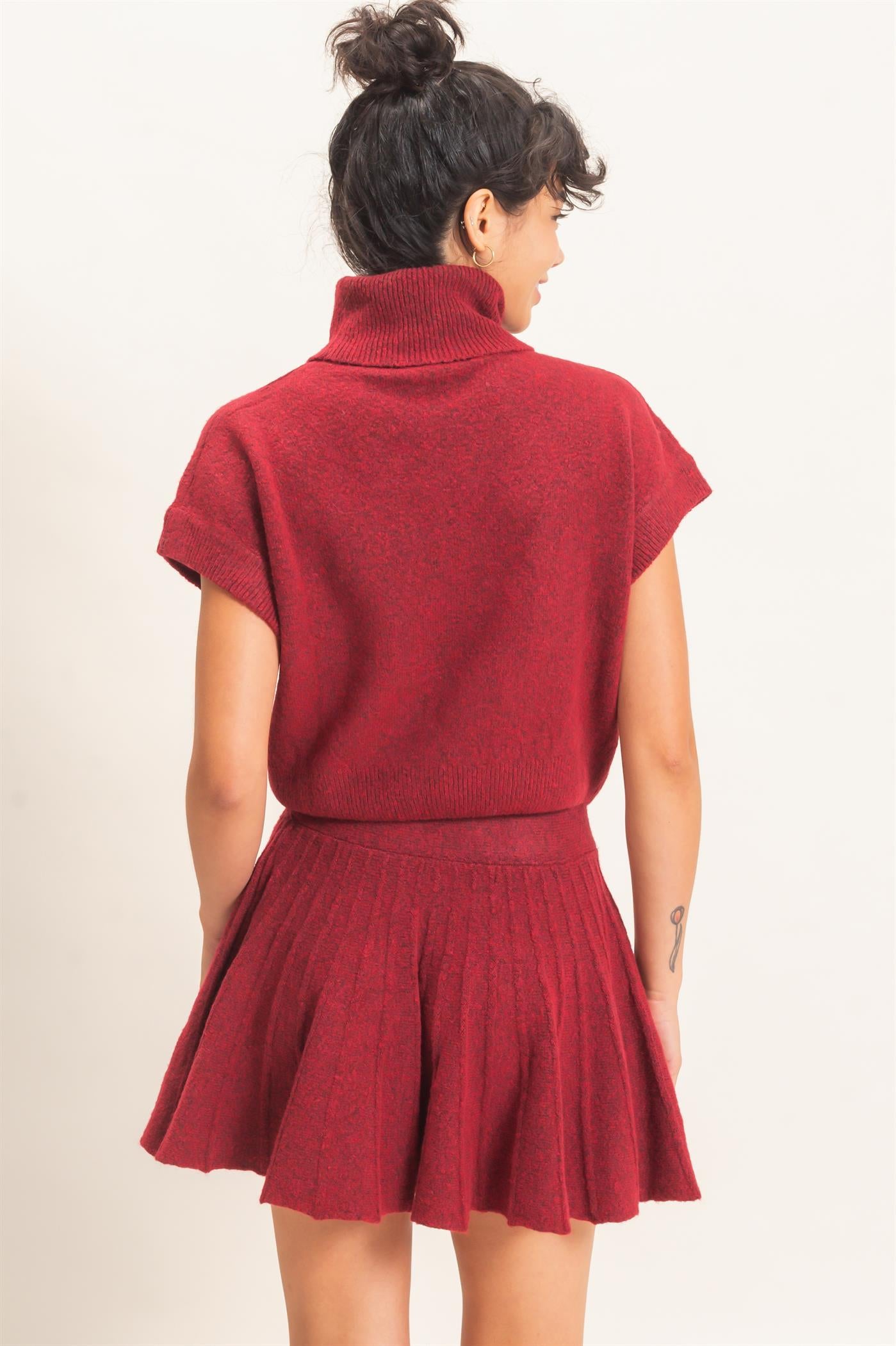 Wholesale Turtleneck Crop Top And Pleated Skirt Set Clothing DZ26C981-SET DARK RED DOUBLE ZERO